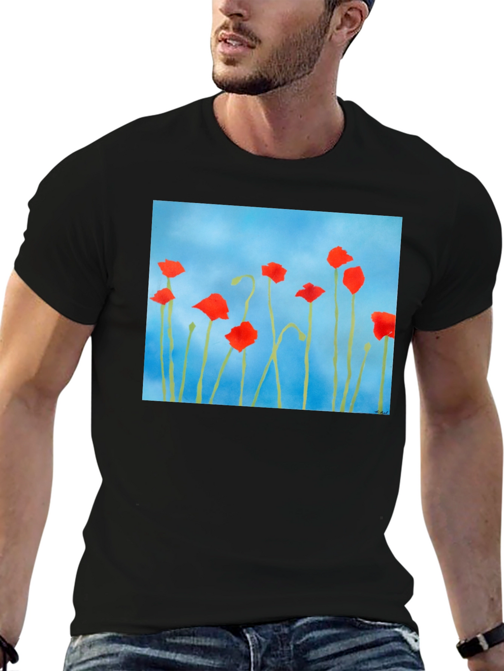 Floral Print T-Shirt: Red Poppies on Blue