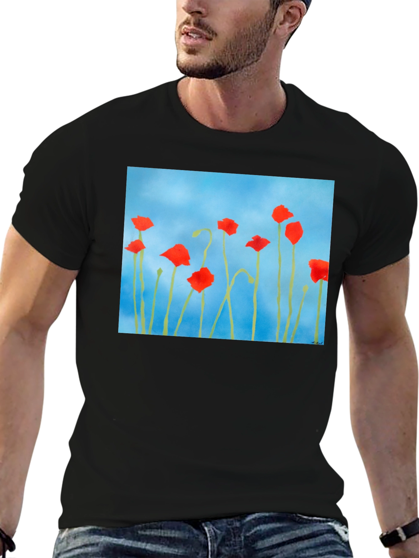Floral Print T-Shirt: Red Poppies on Blue
