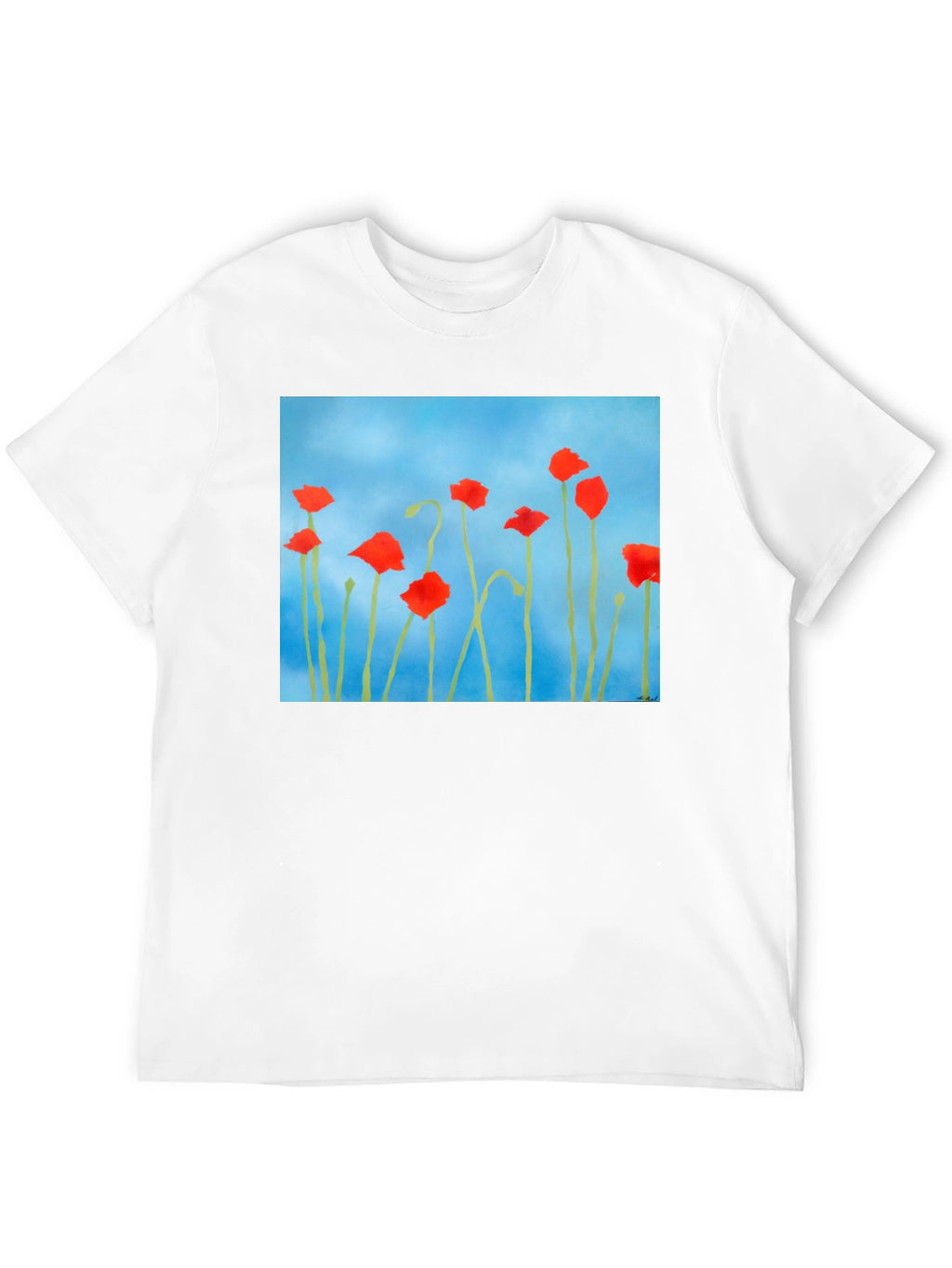 Floral Print T-Shirt: Red Poppies on Blue