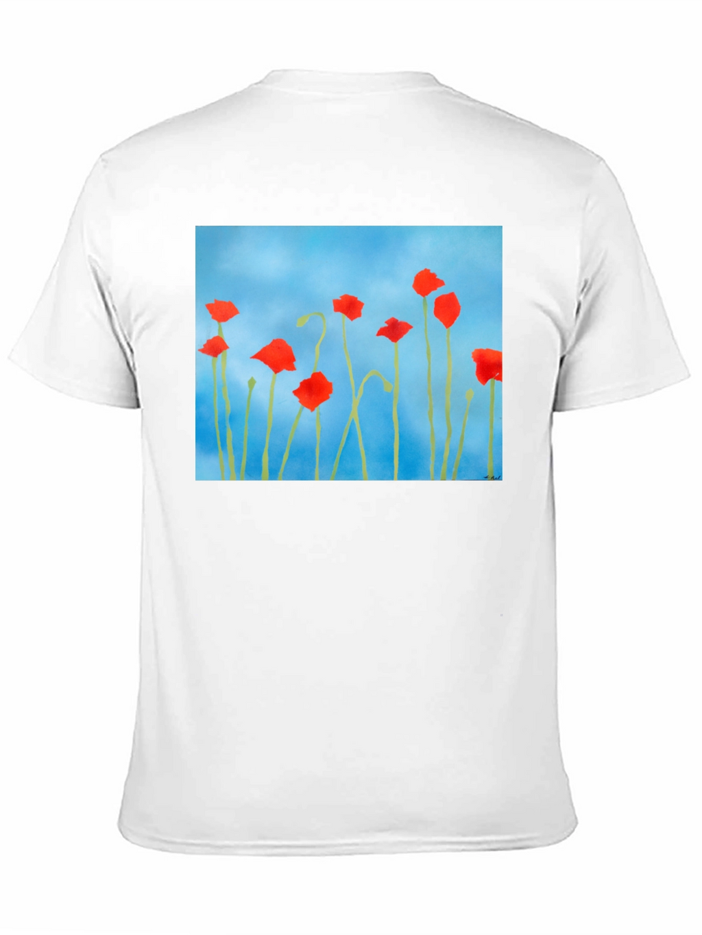 Floral Print T-Shirt: Red Poppies on Blue