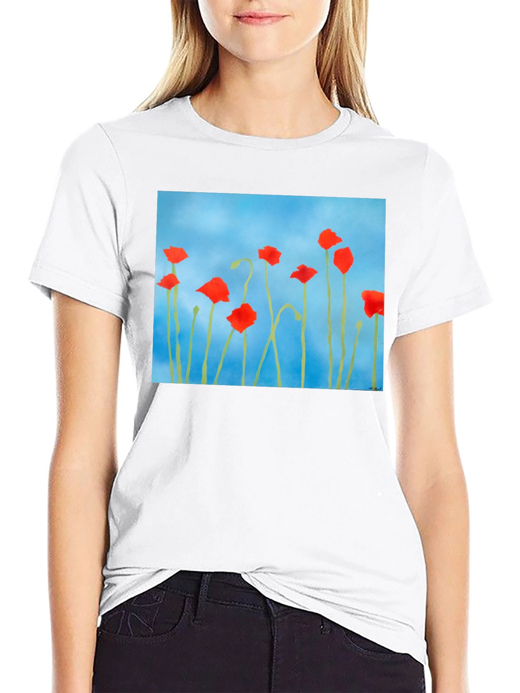 Floral Print T-Shirt: Red Poppies on Blue