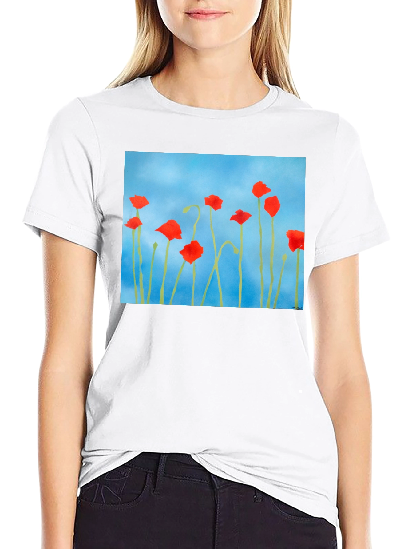 Floral Print T-Shirt: Red Poppies on Blue