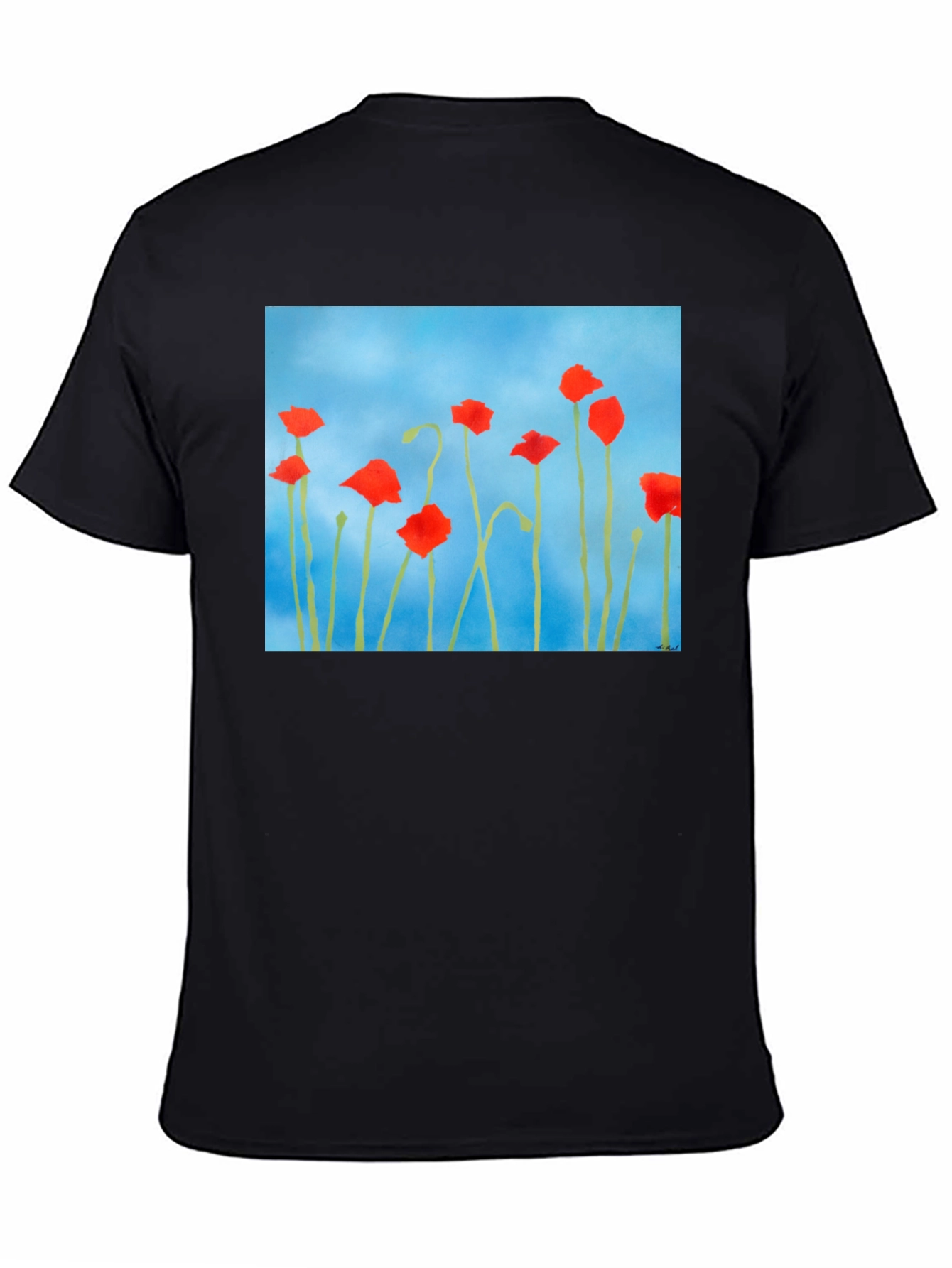 Floral Print T-Shirt: Red Poppies on Blue