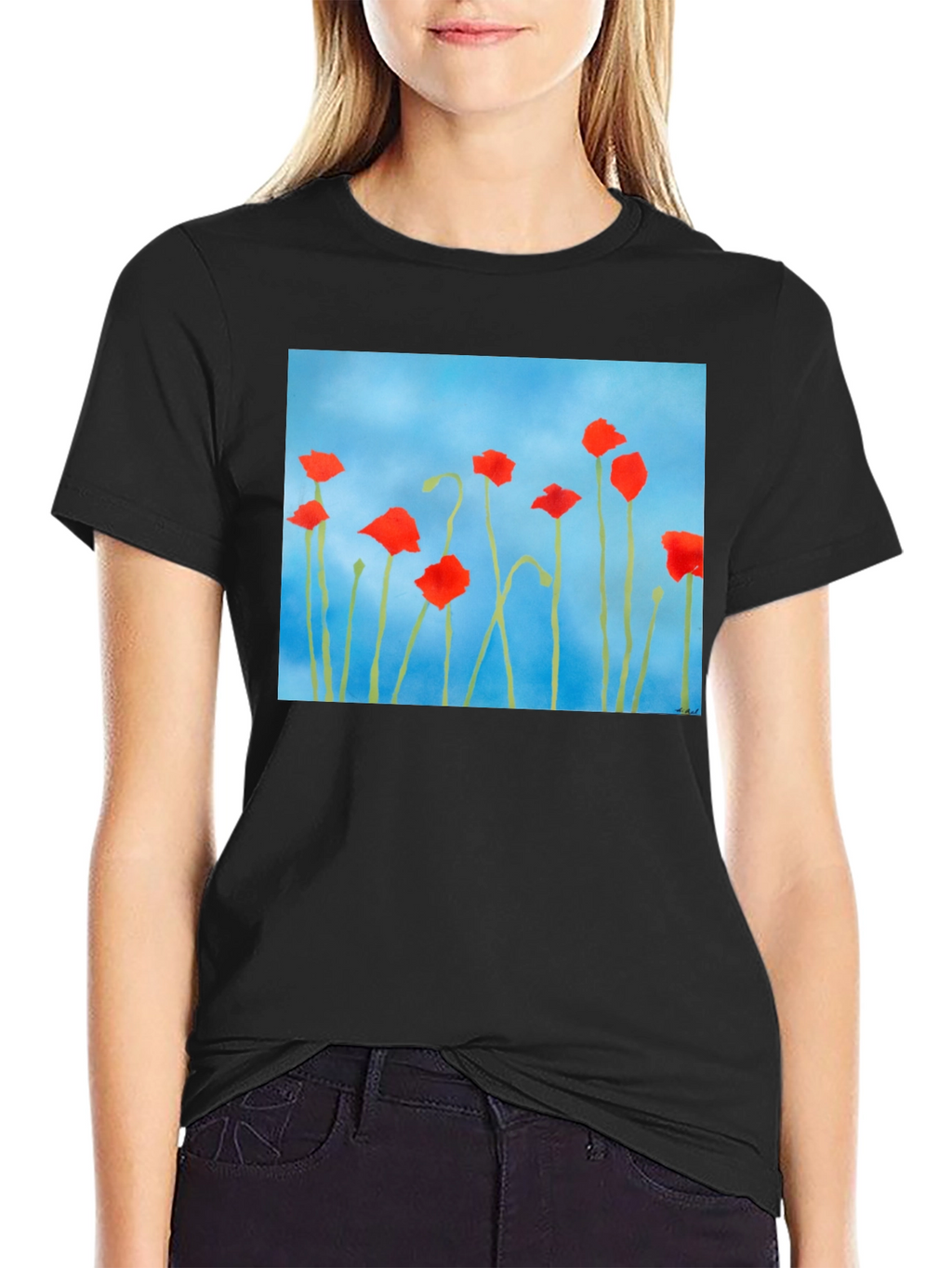 Floral Print T-Shirt: Red Poppies on Blue