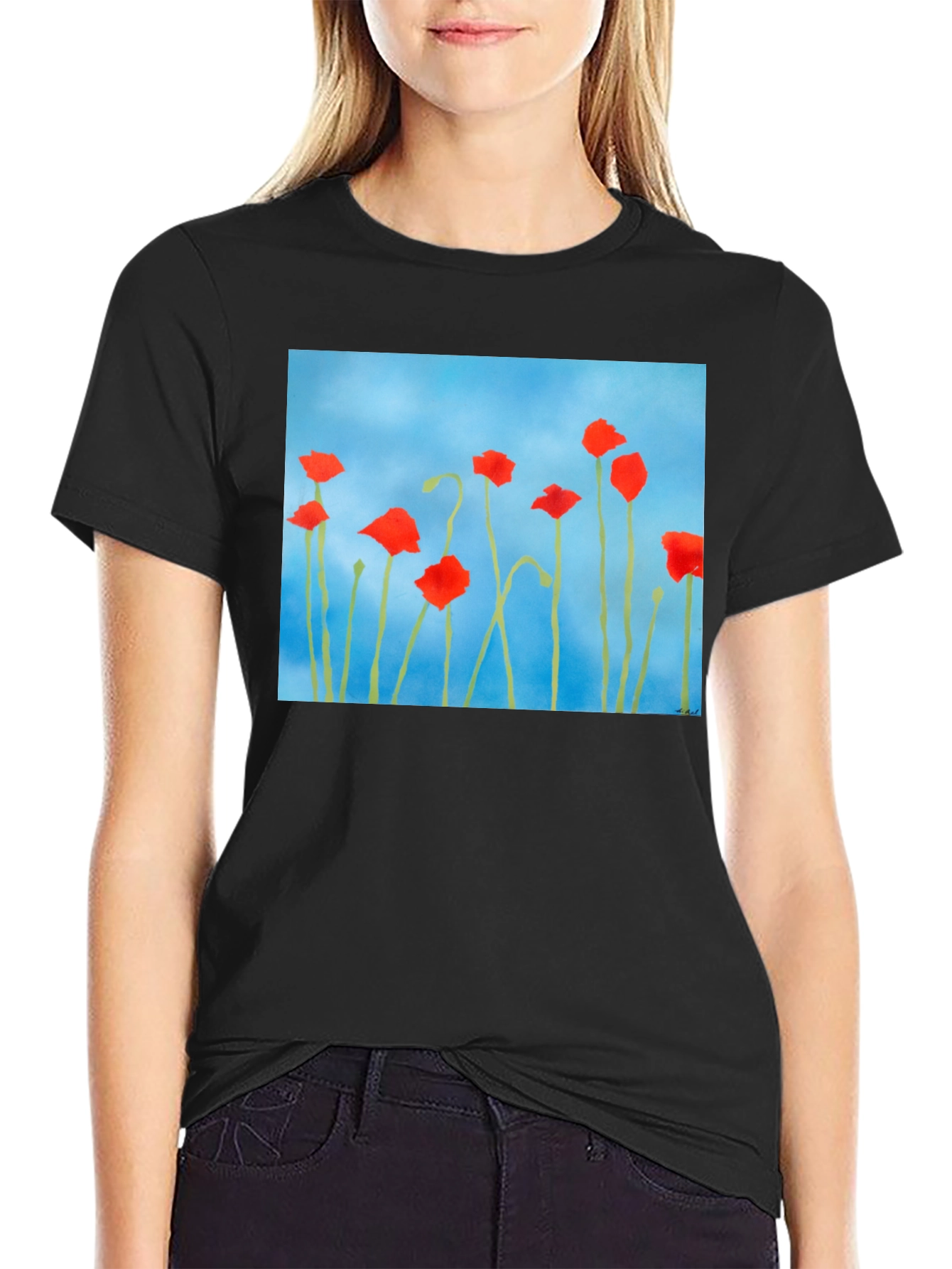 Floral Print T-Shirt: Red Poppies on Blue