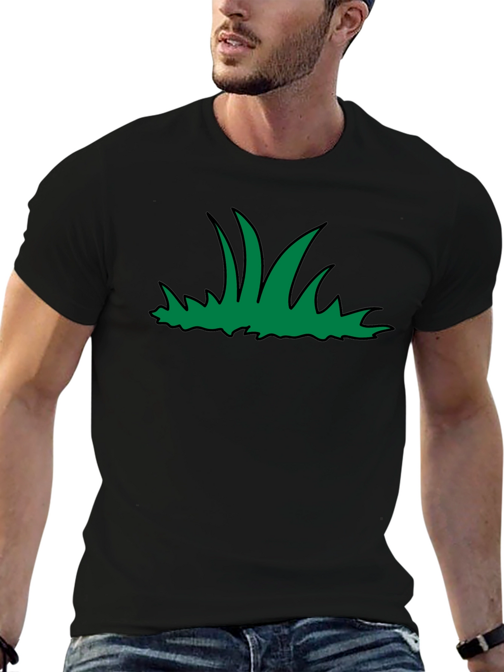 Green Grass Graphic Print Black T-Shirt