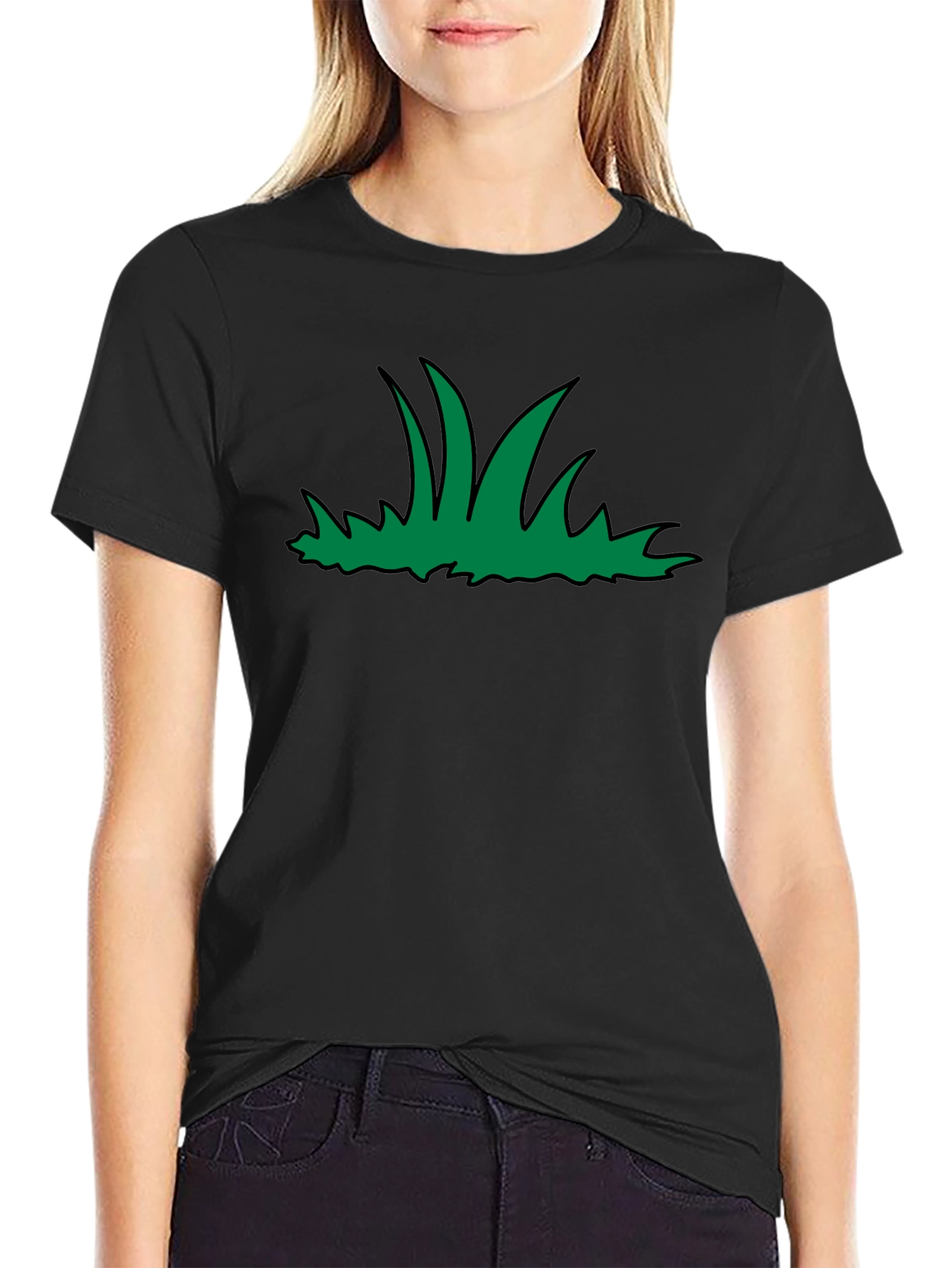Green Grass Graphic Print Black T-Shirt