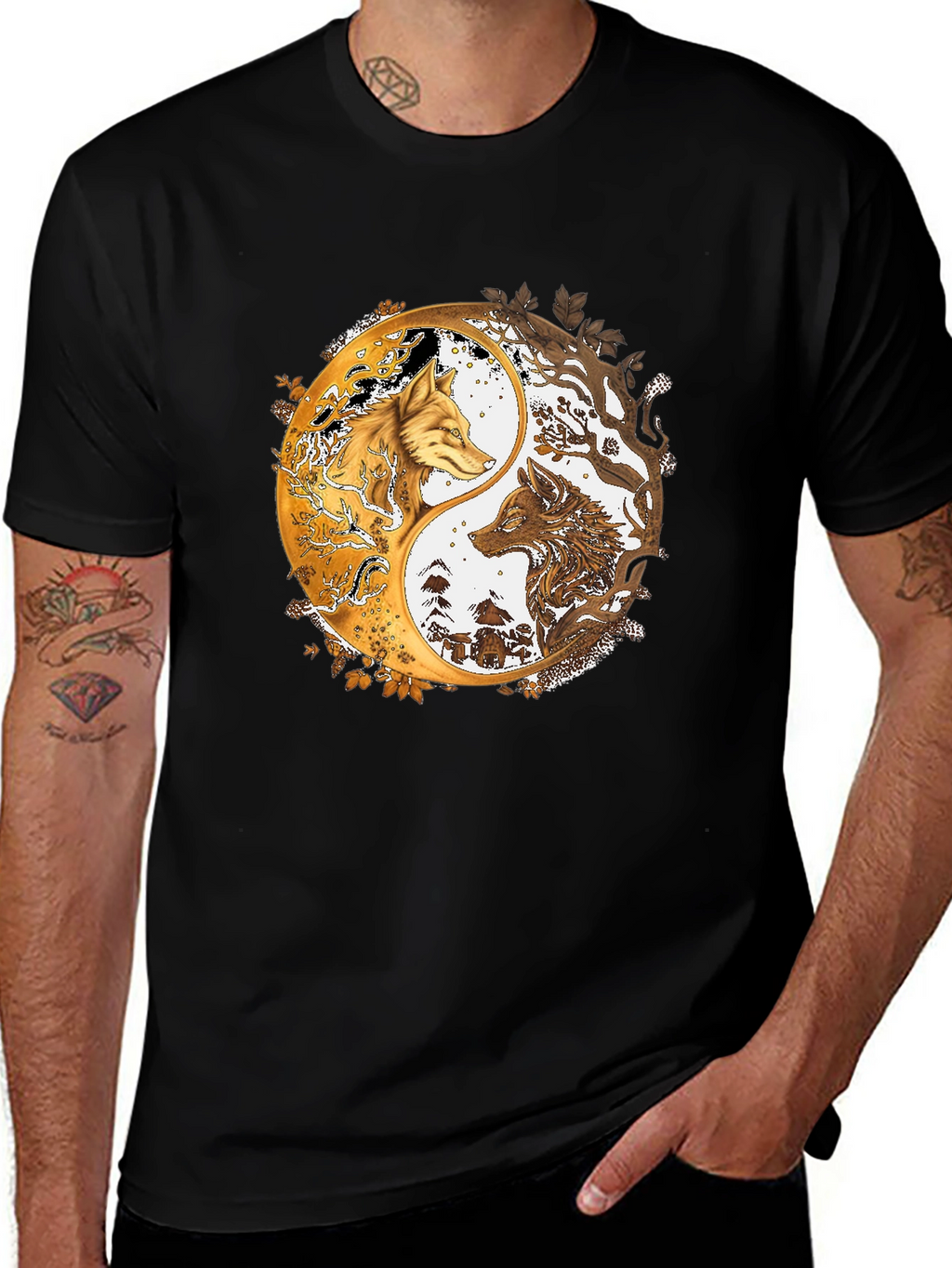 Yin Yang Wolves Graphic Black Tee