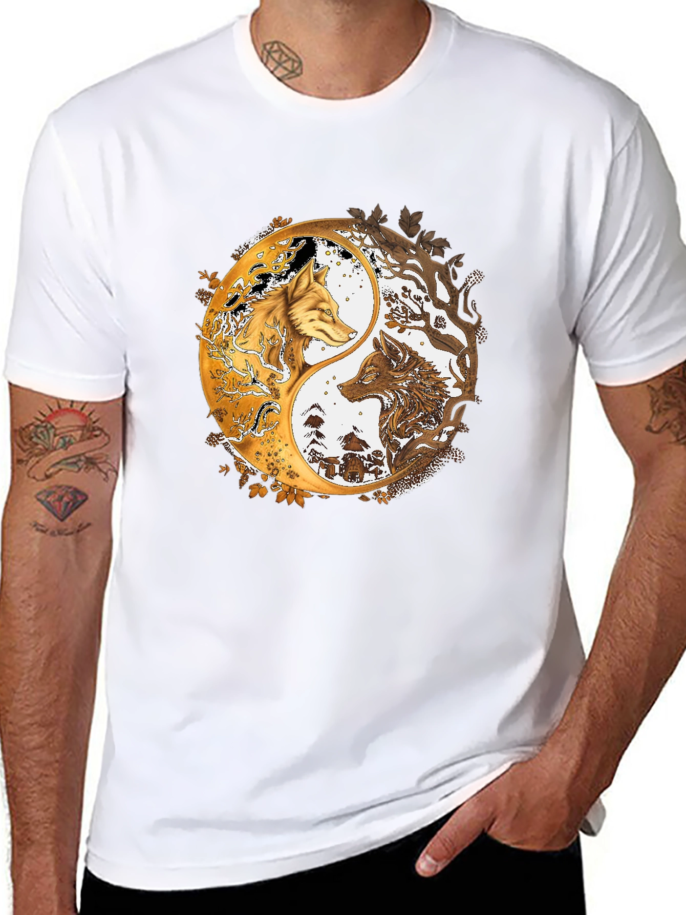 Yin Yang Wolves Graphic Black Tee