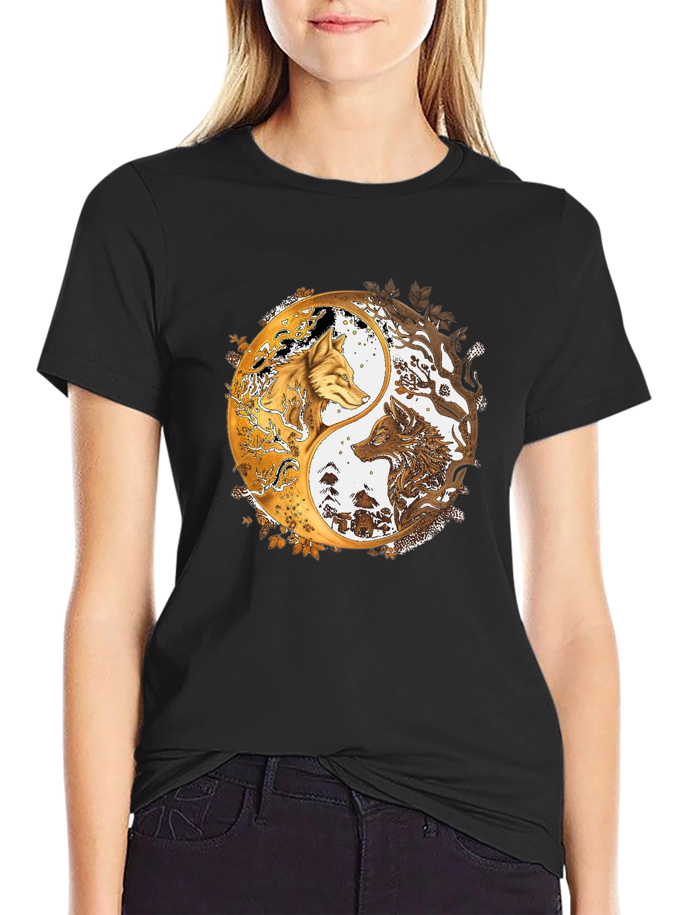 Yin Yang Wolves Graphic Black Tee