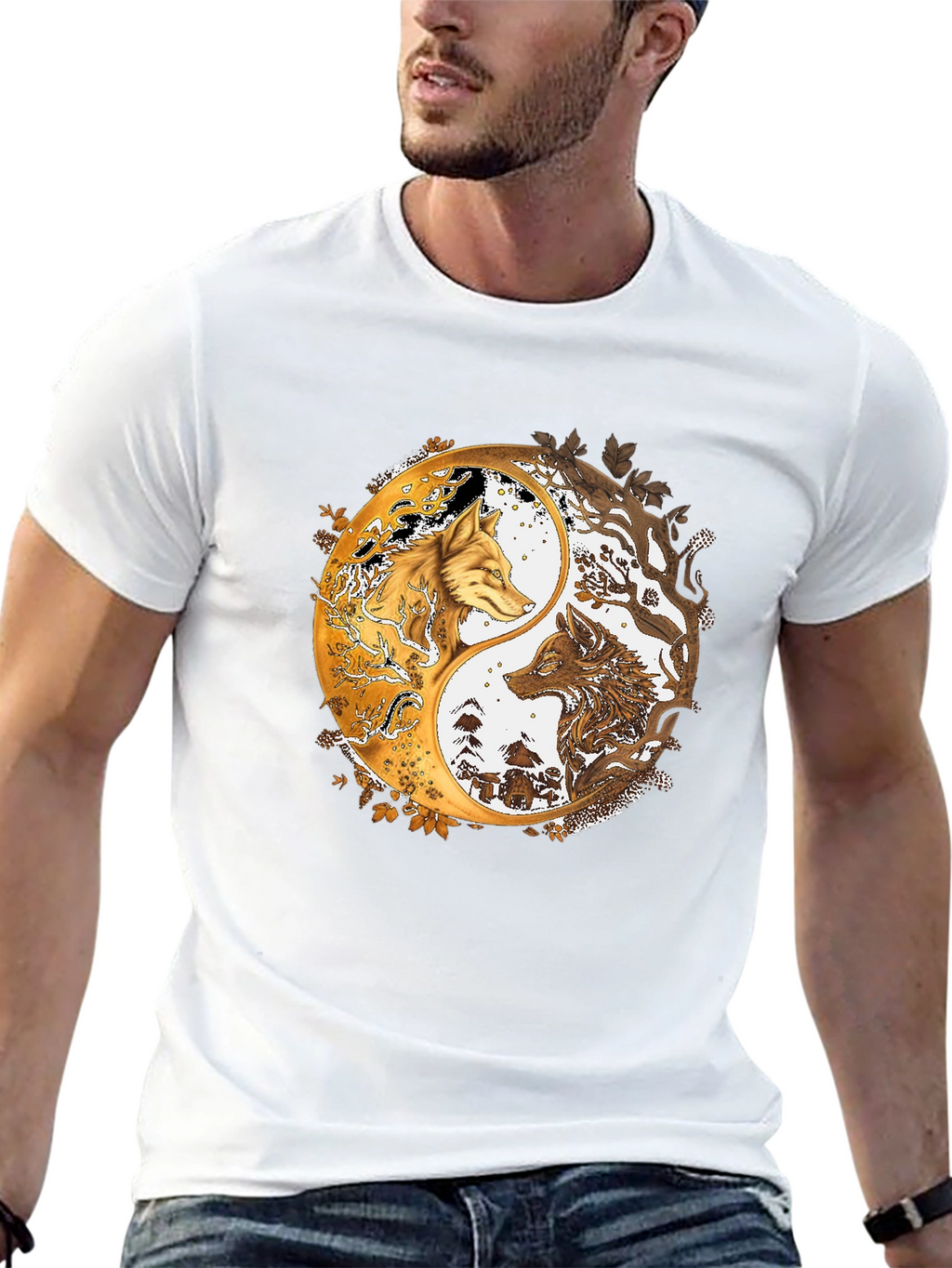 Yin Yang Wolves Graphic Black Tee