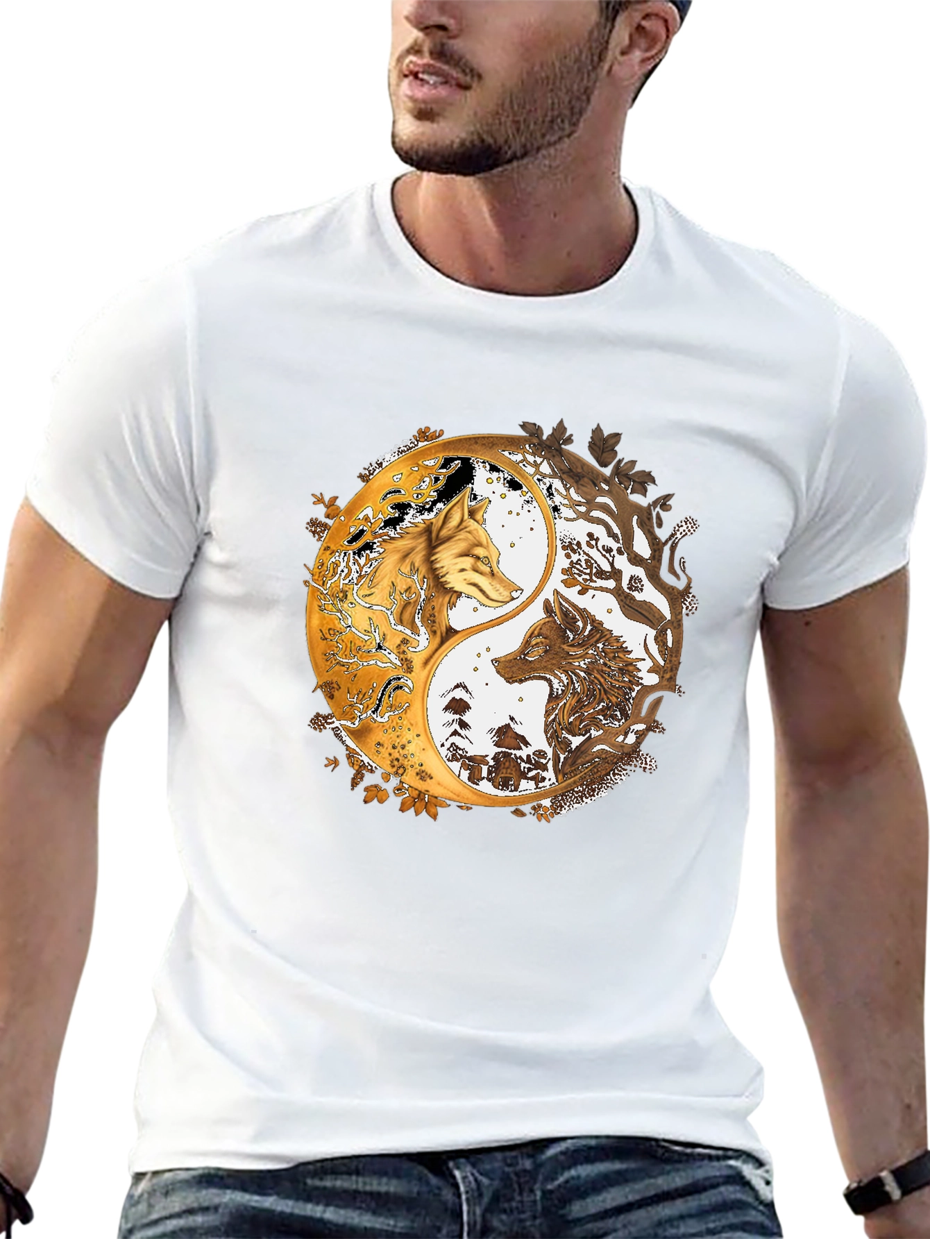 Yin Yang Wolves Graphic Black Tee