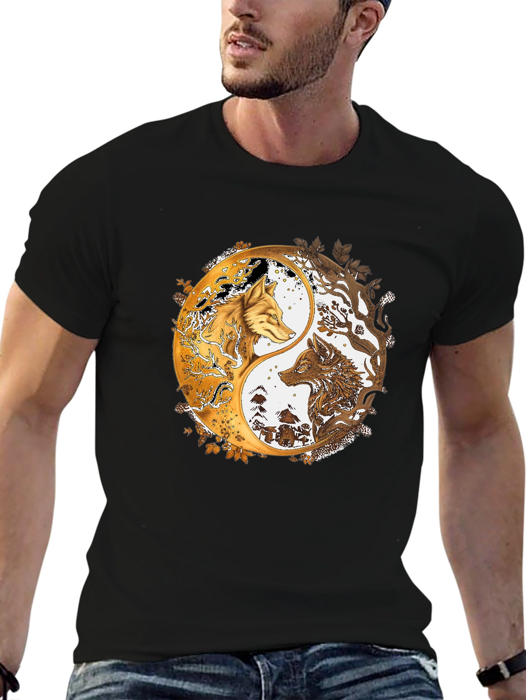 Yin Yang Wolves Graphic Black Tee