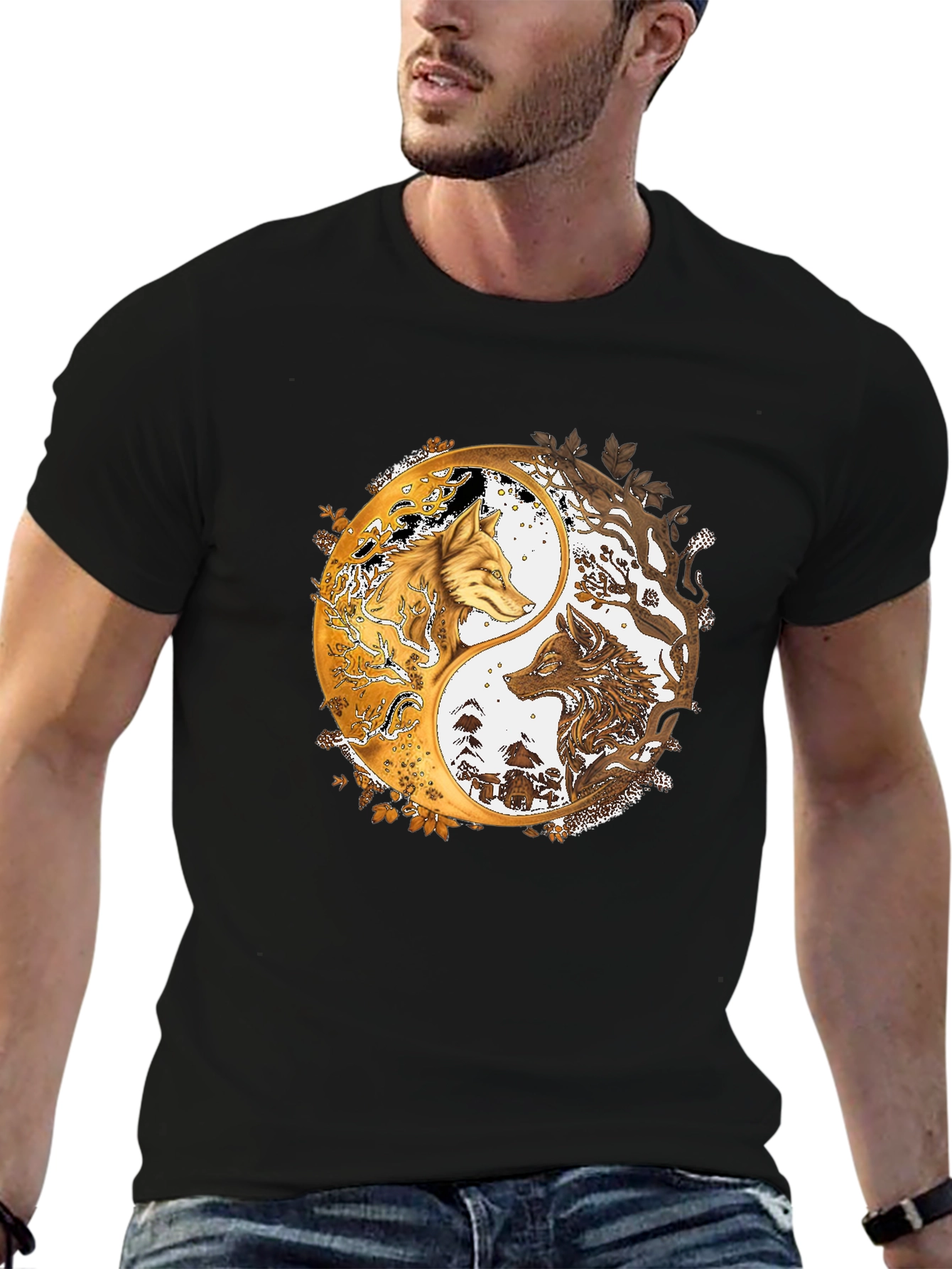 Yin Yang Wolves Graphic Black Tee