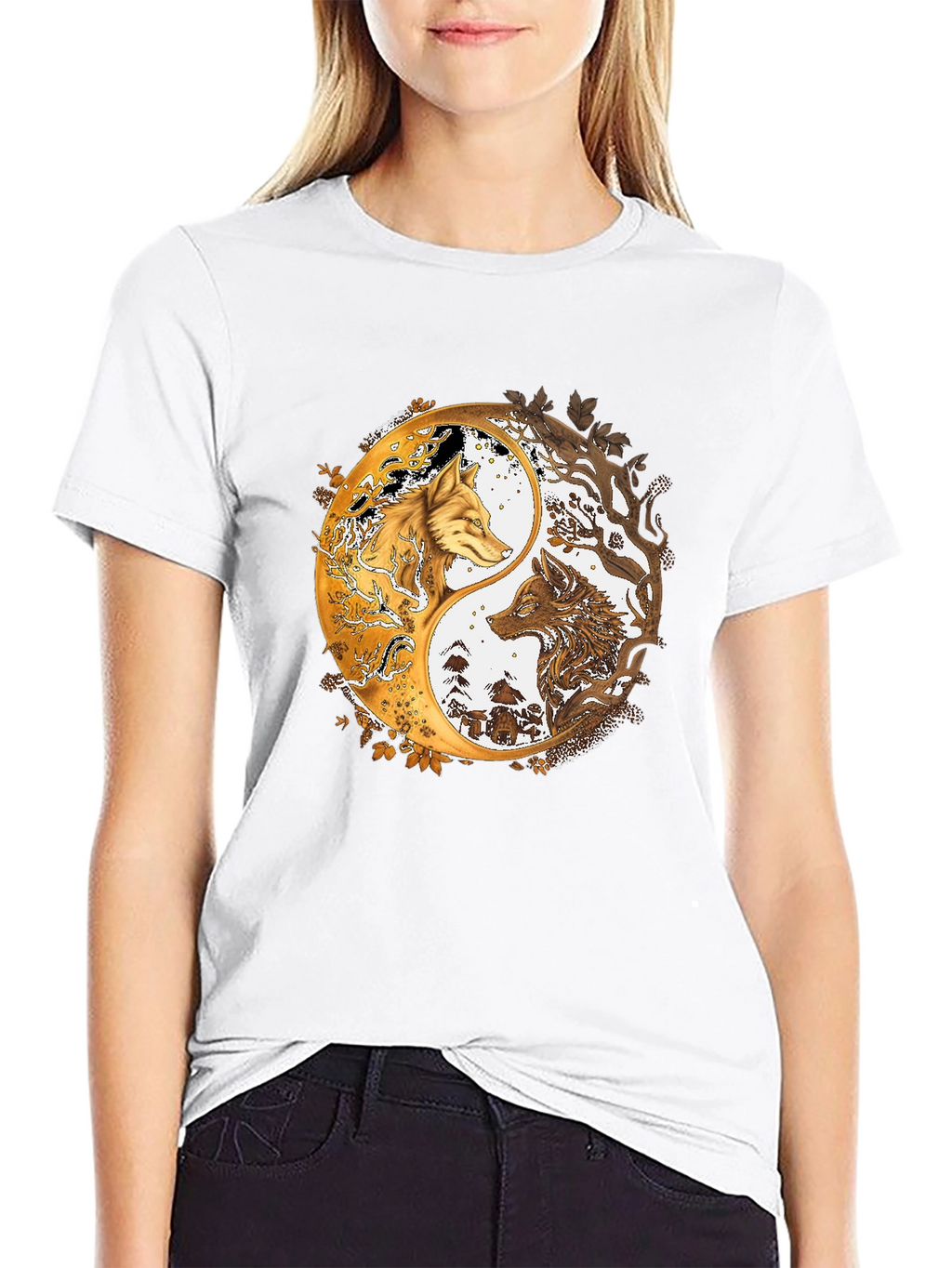 Yin Yang Wolves Graphic Black Tee
