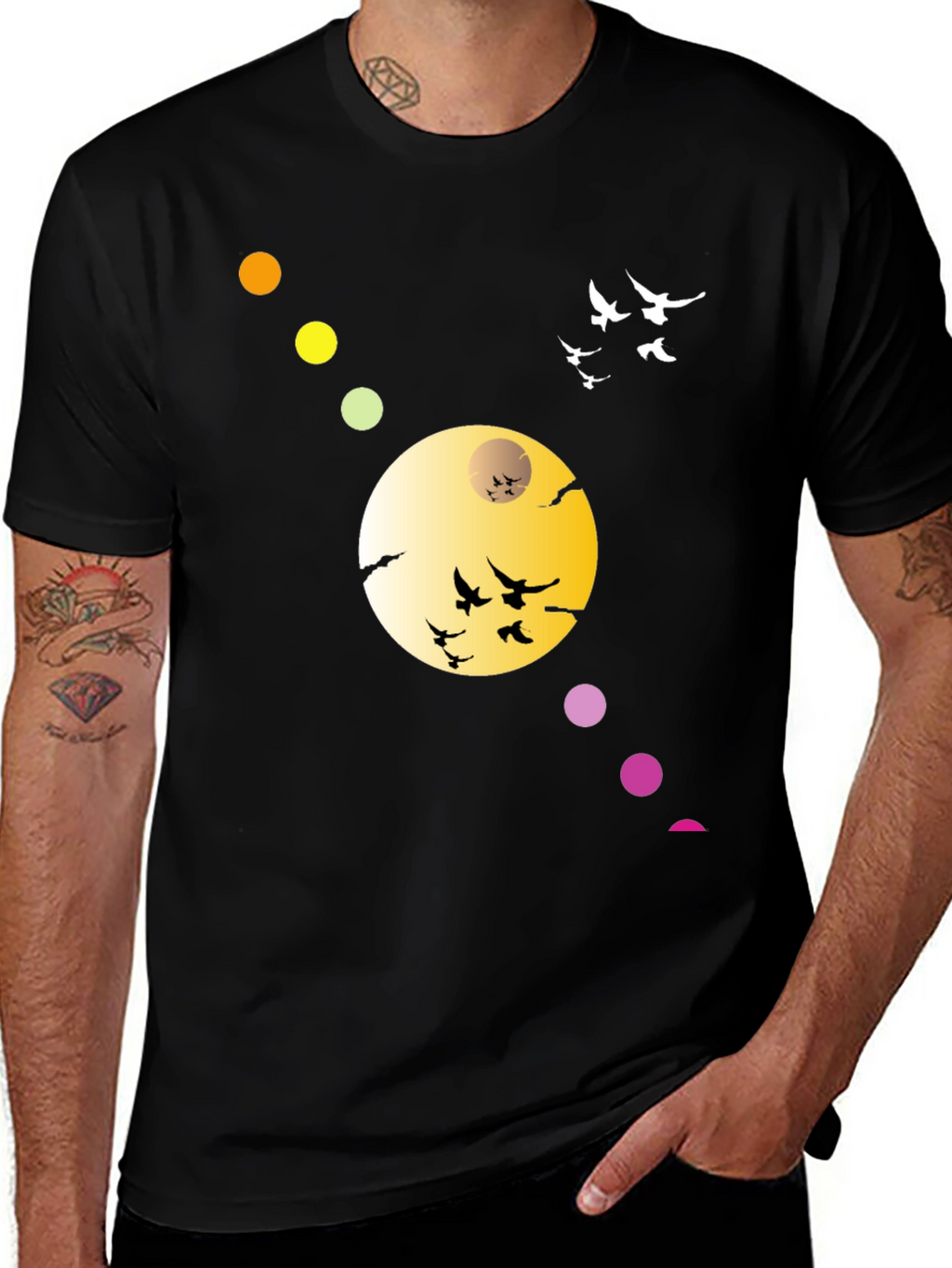 Black T-Shirt with Abstract Moon & Birds Design