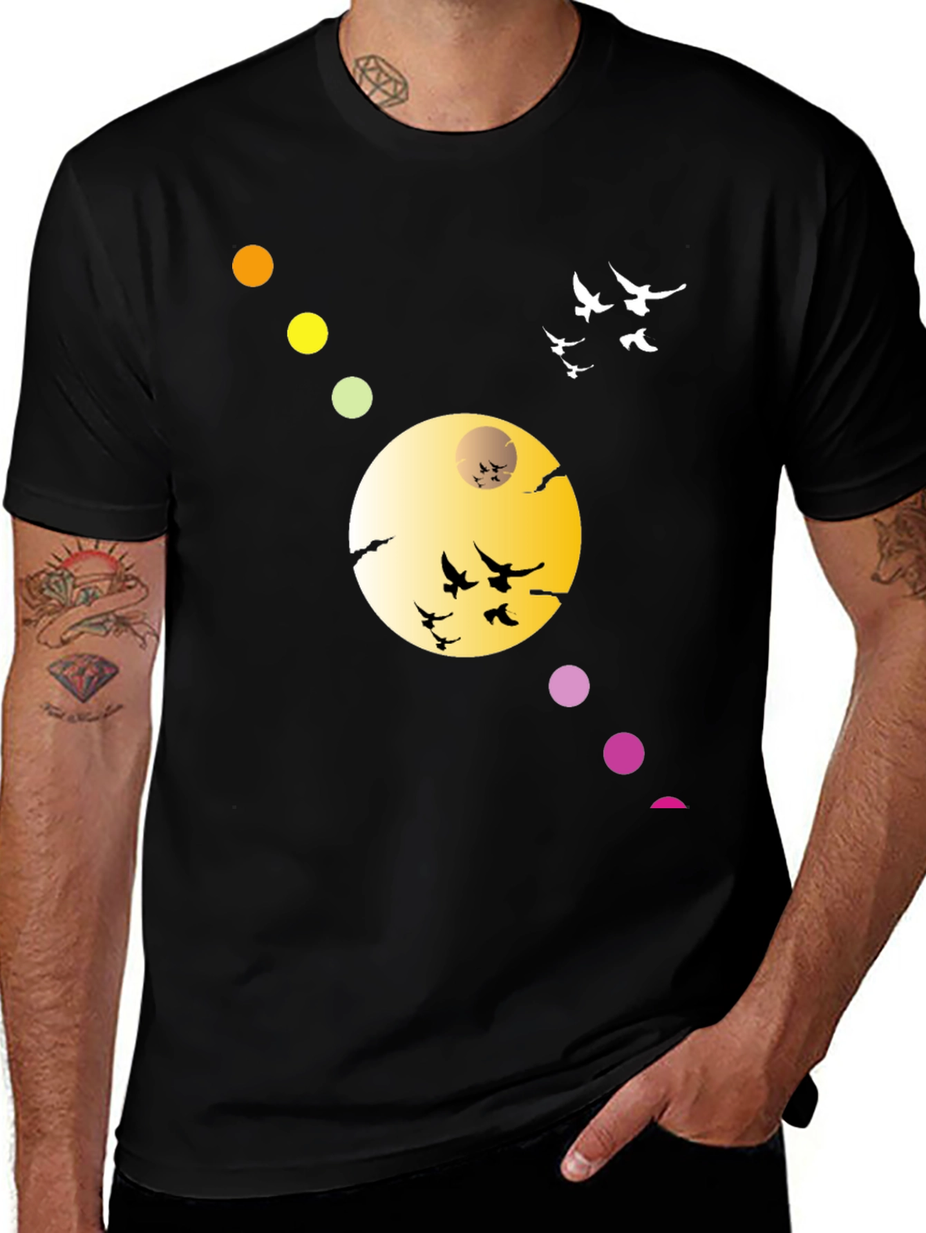 Black T-Shirt with Abstract Moon & Birds Design