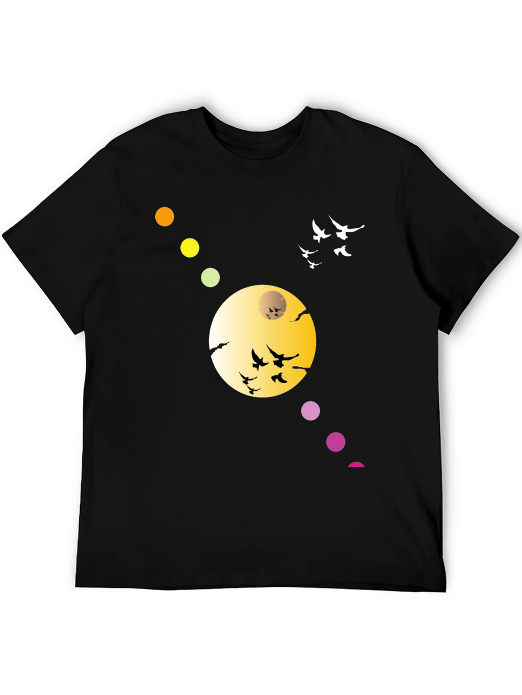 Black T-Shirt with Abstract Moon & Birds Design