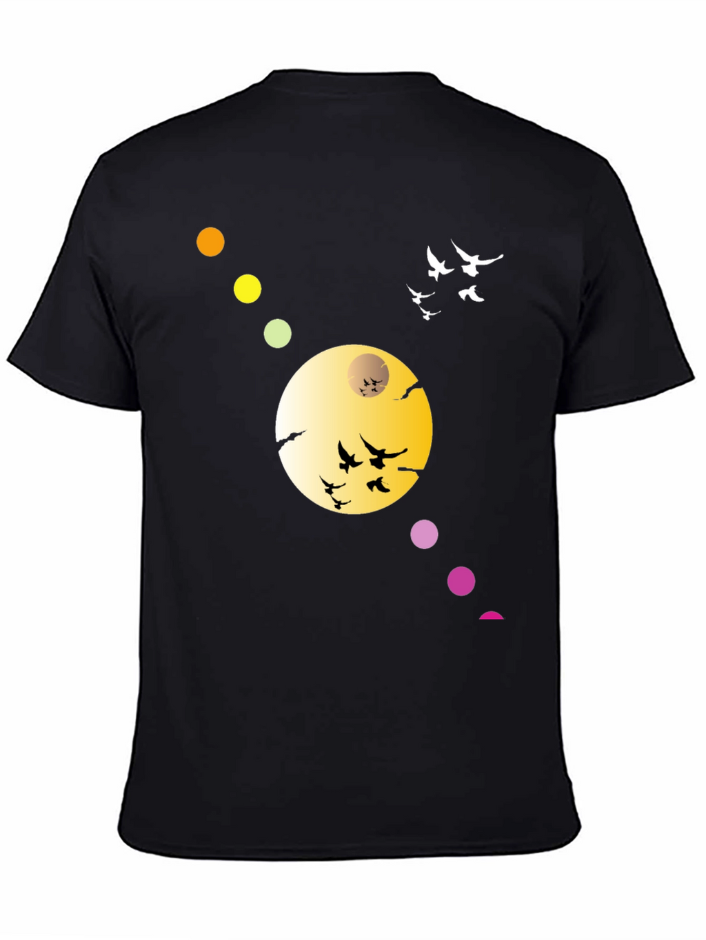 Black T-Shirt with Abstract Moon & Birds Design