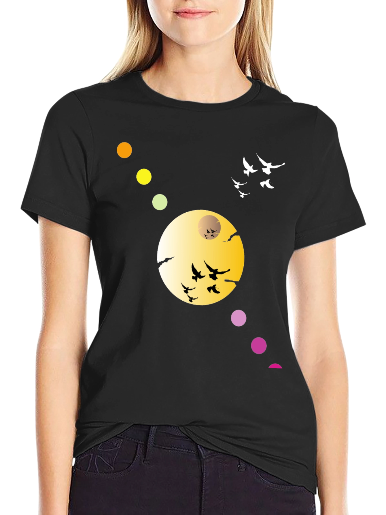 Black T-Shirt with Abstract Moon & Birds Design