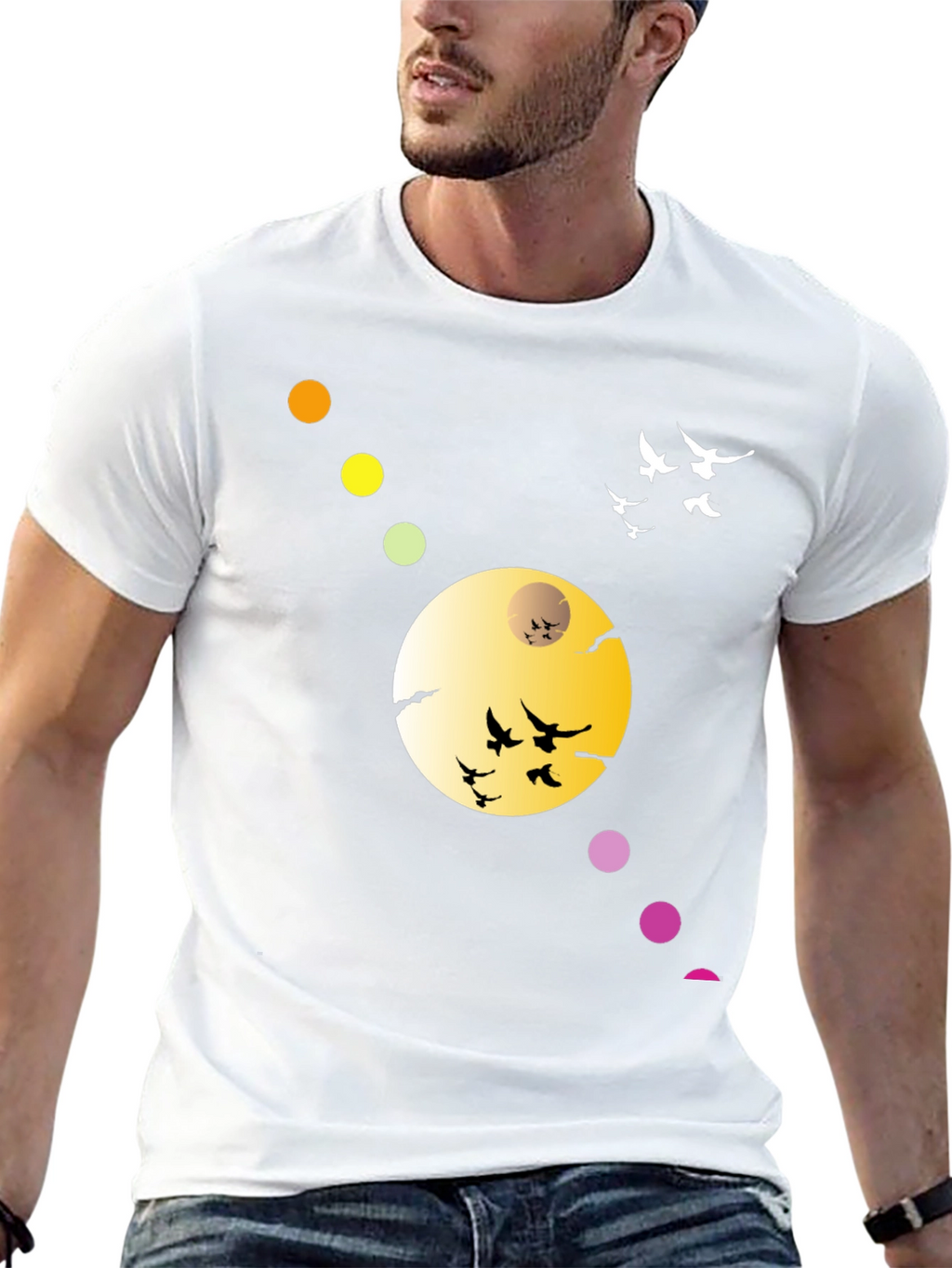 Black T-Shirt with Abstract Moon & Birds Design