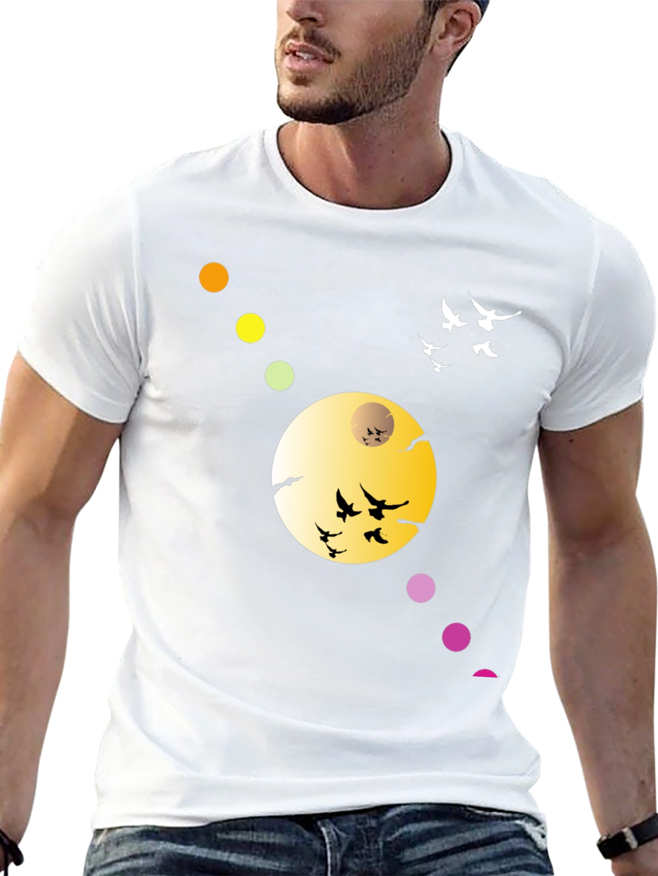 Black T-Shirt with Abstract Moon & Birds Design