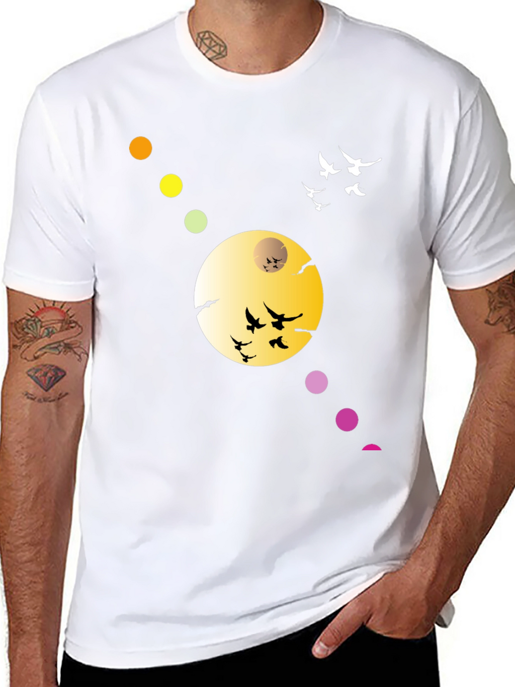 Black T-Shirt with Abstract Moon & Birds Design