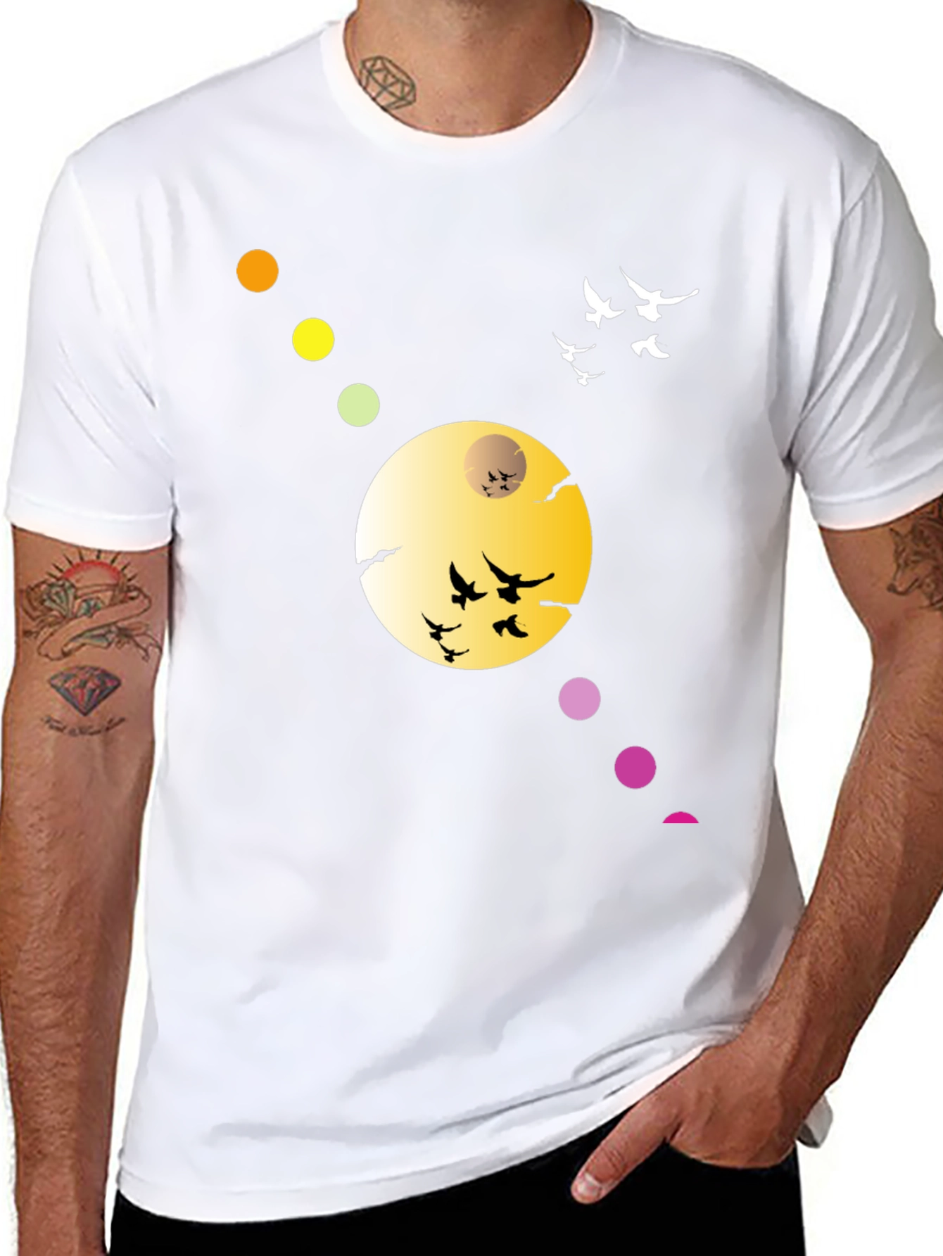 Black T-Shirt with Abstract Moon & Birds Design