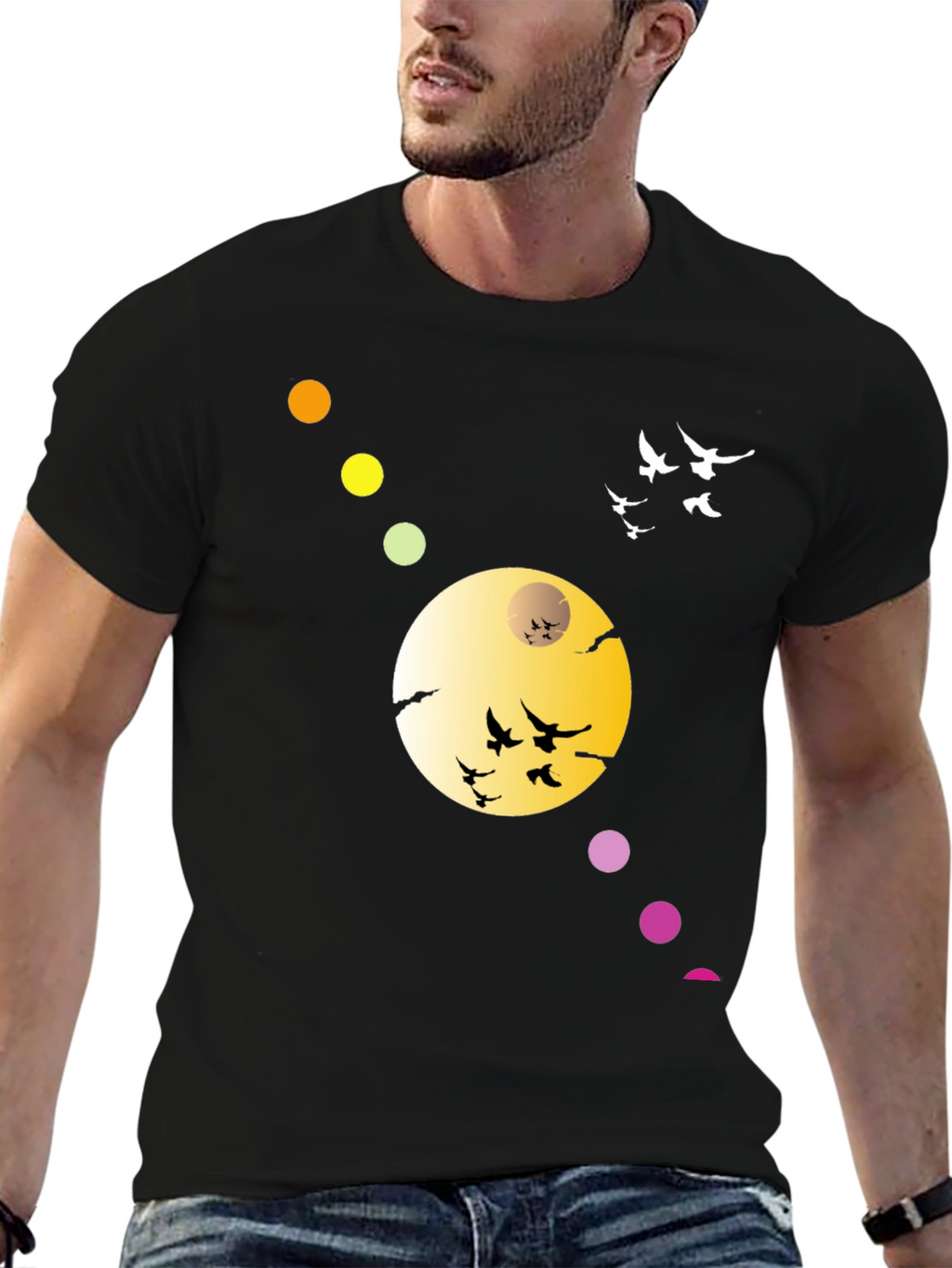 Black T-Shirt with Abstract Moon & Birds Design