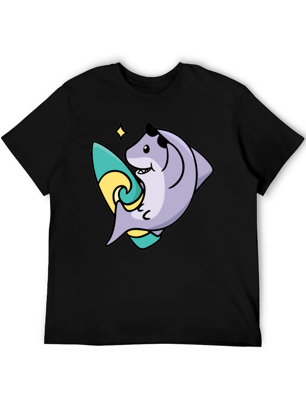 Surfing Shark Graphic Tee - Black Cotton Blend T-Shirt