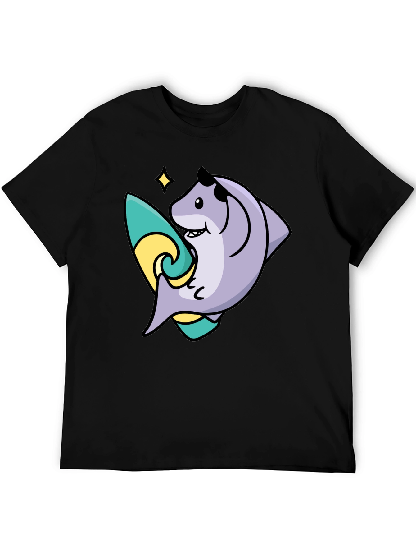 Surfing Shark Graphic Tee - Black Cotton Blend T-Shirt
