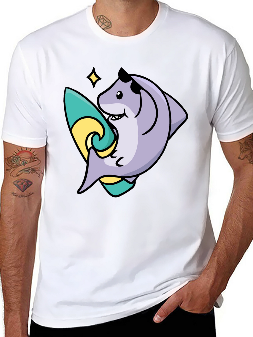 Surfing Shark Graphic Tee - Black Cotton Blend T-Shirt