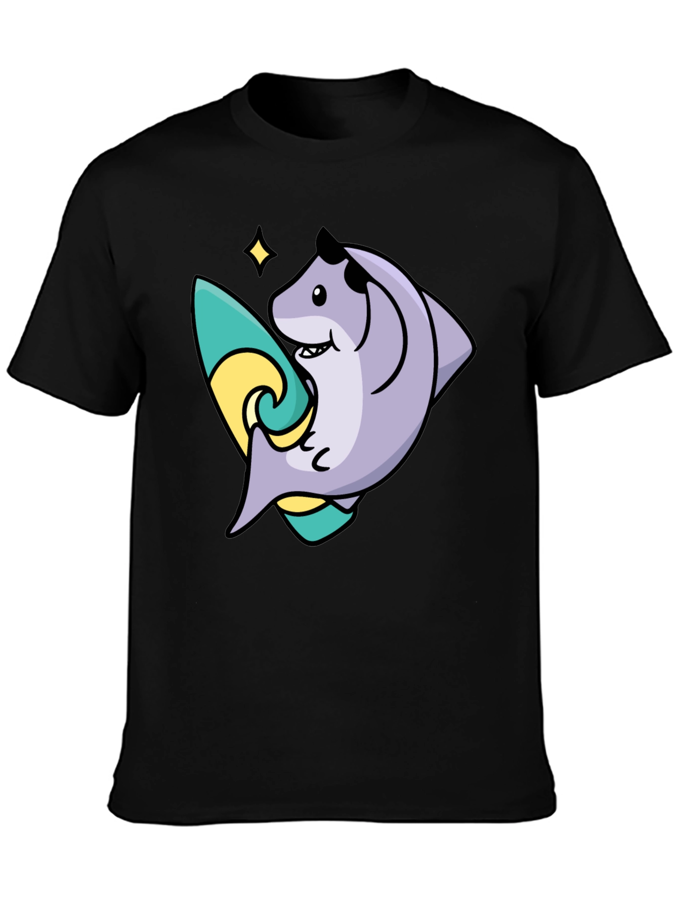 Surfing Shark Graphic Tee - Black Cotton Blend T-Shirt