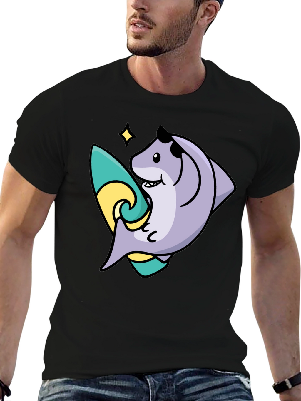 Surfing Shark Graphic Tee - Black Cotton Blend T-Shirt