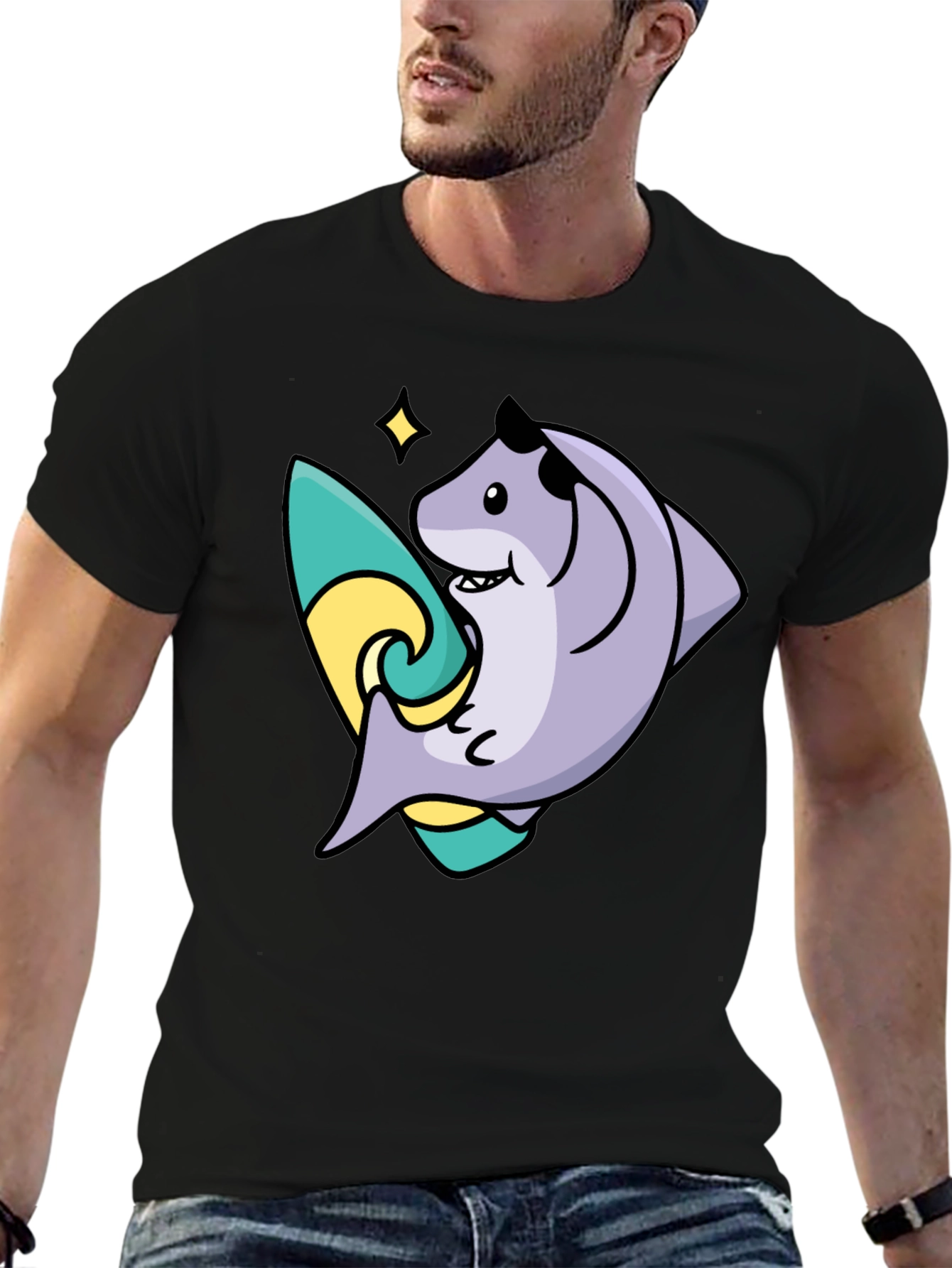 Surfing Shark Graphic Tee - Black Cotton Blend T-Shirt