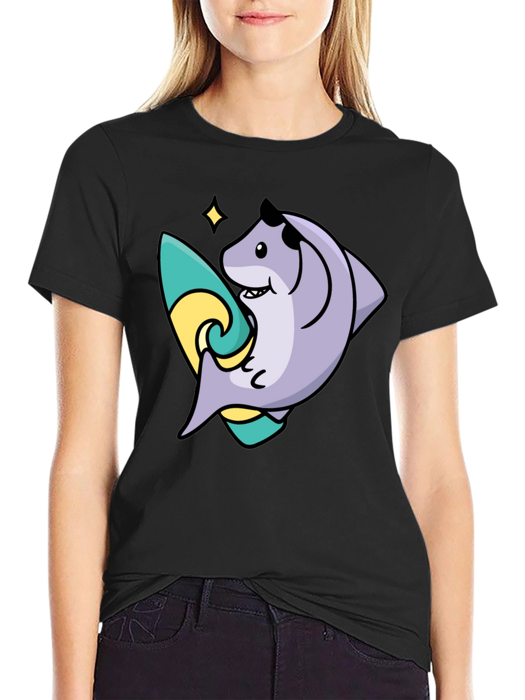 Surfing Shark Graphic Tee - Black Cotton Blend T-Shirt