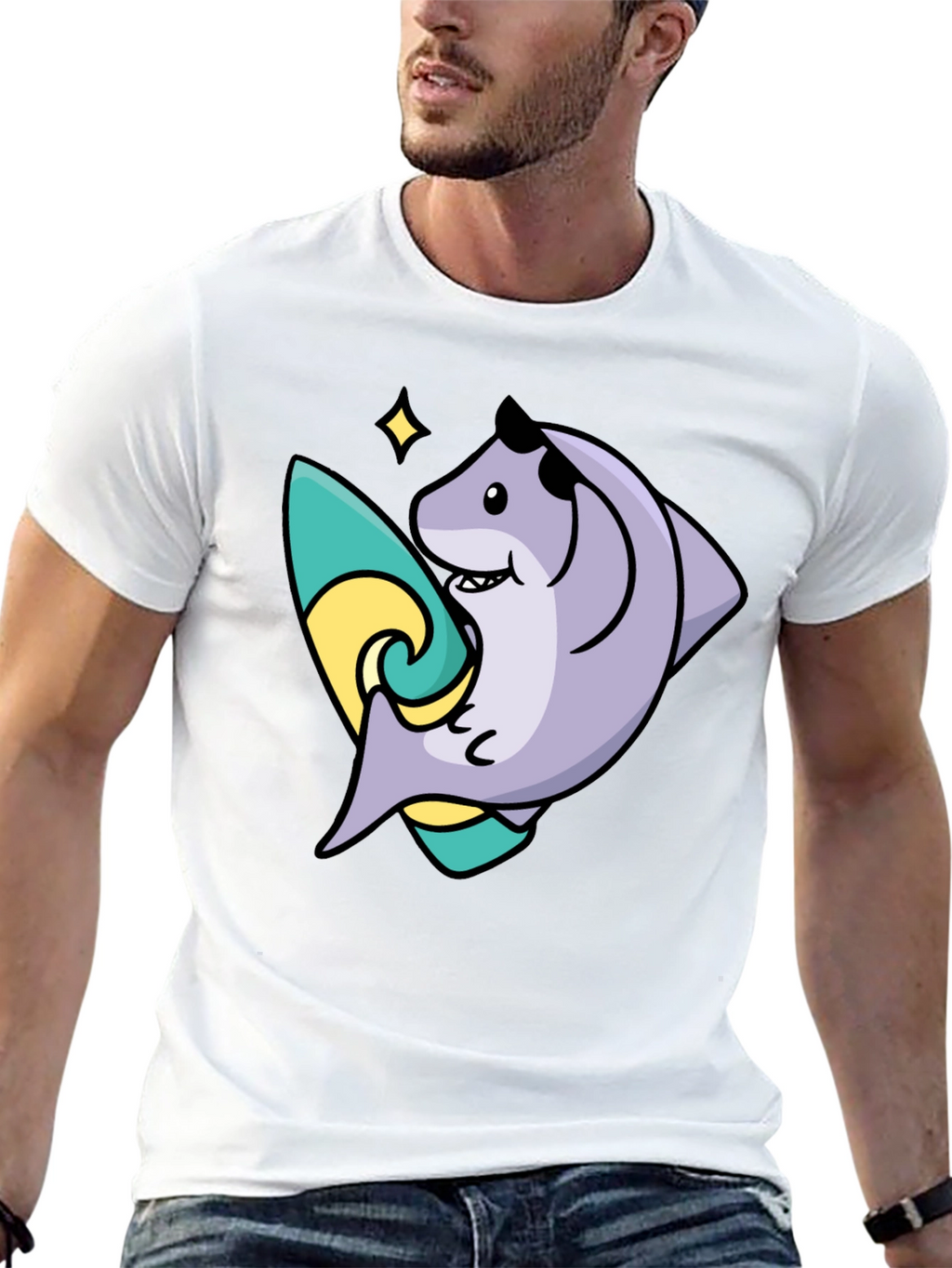 Surfing Shark Graphic Tee - Black Cotton Blend T-Shirt