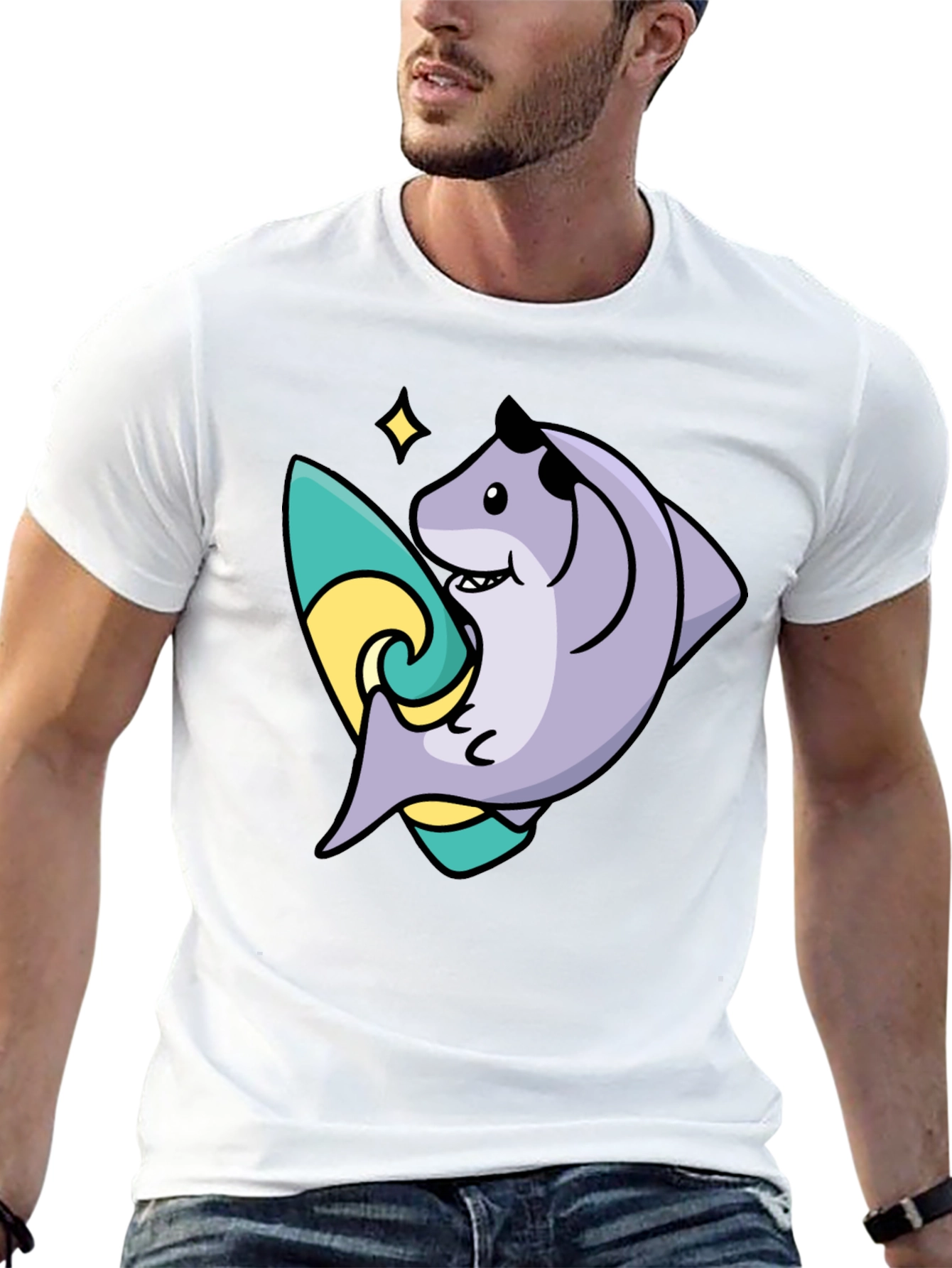 Surfing Shark Graphic Tee - Black Cotton Blend T-Shirt