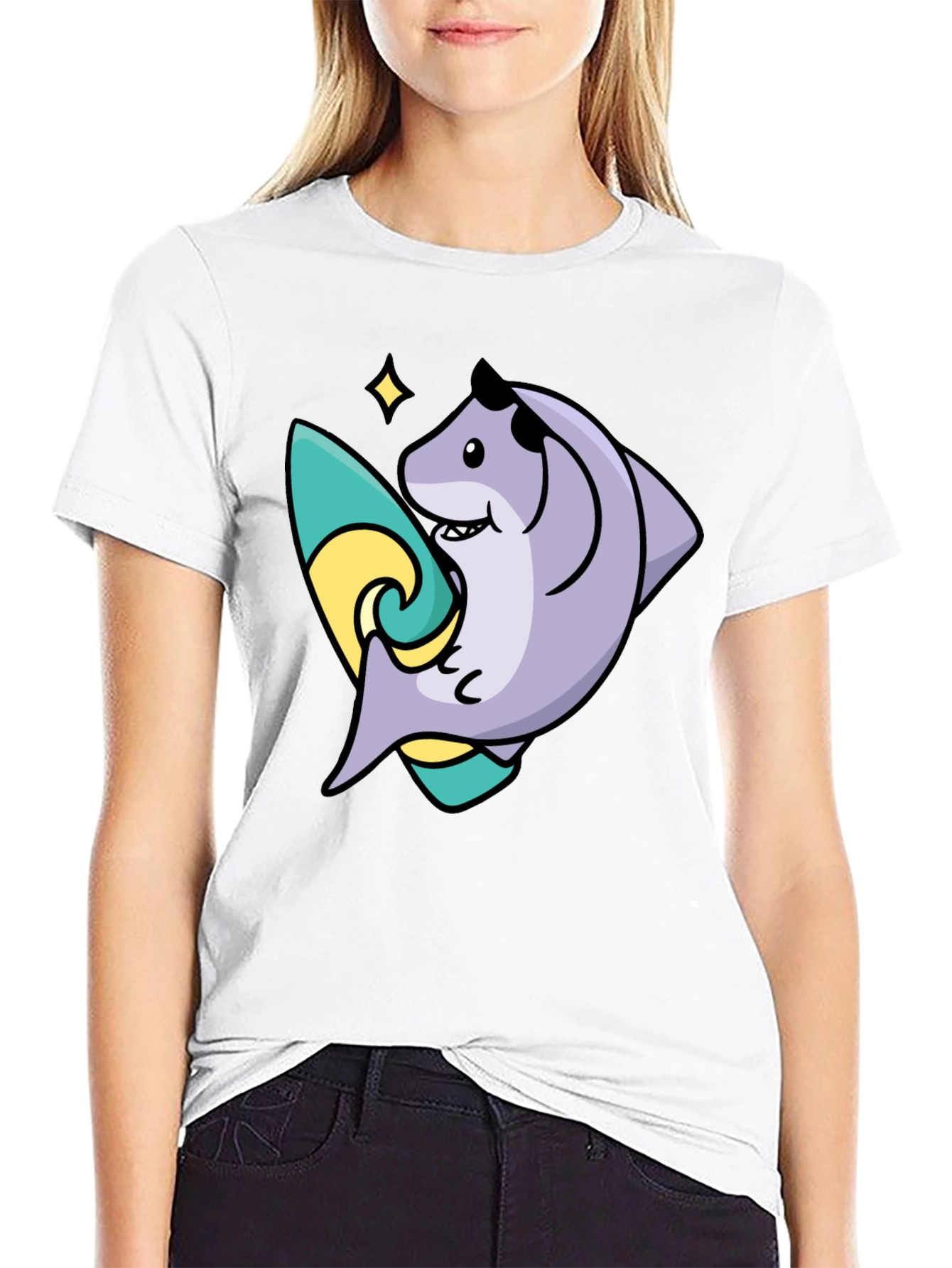 Surfing Shark Graphic Tee - Black Cotton Blend T-Shirt