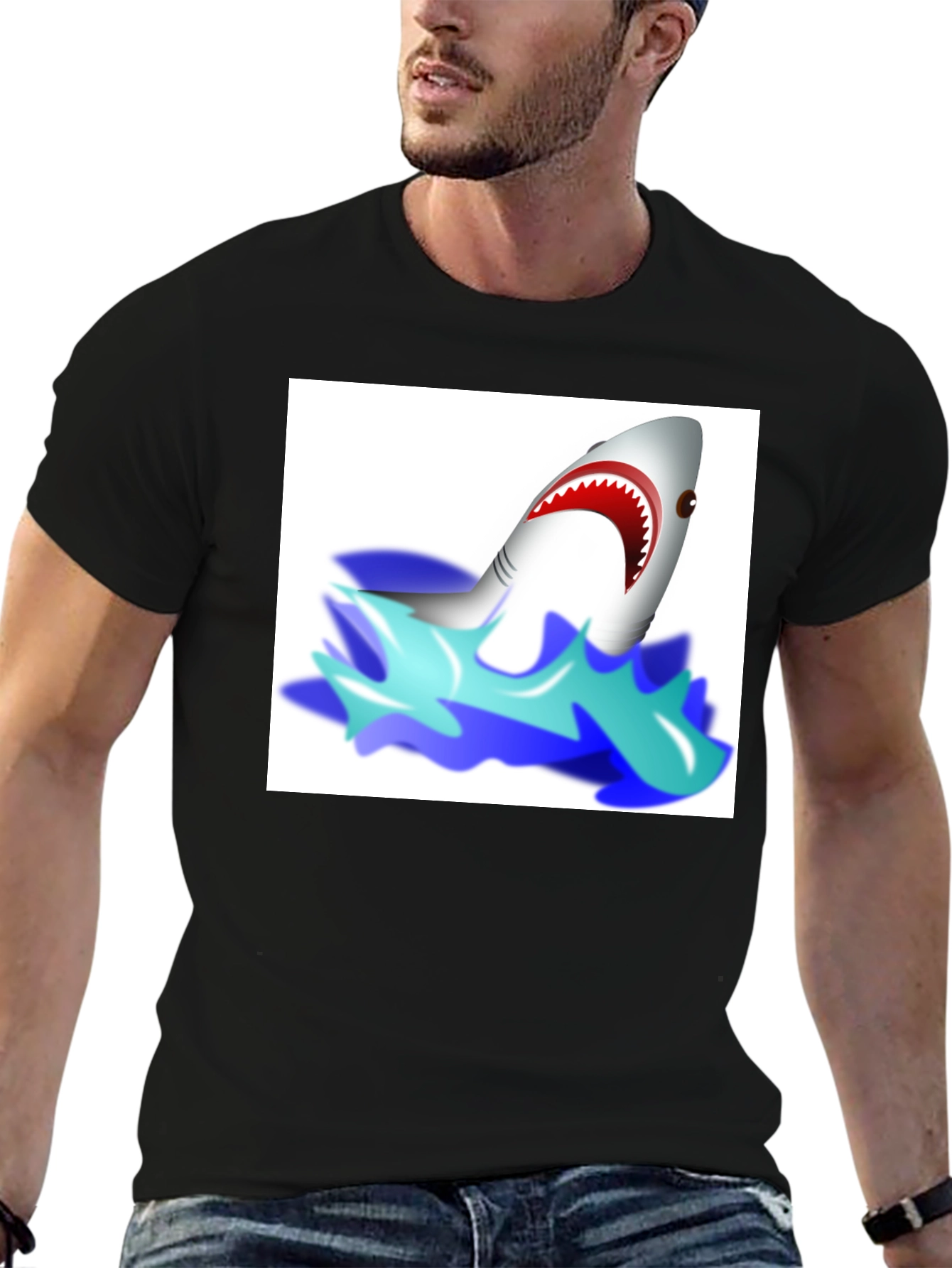 Cartoon Shark Graphic Tee - Black Cotton T-Shirt