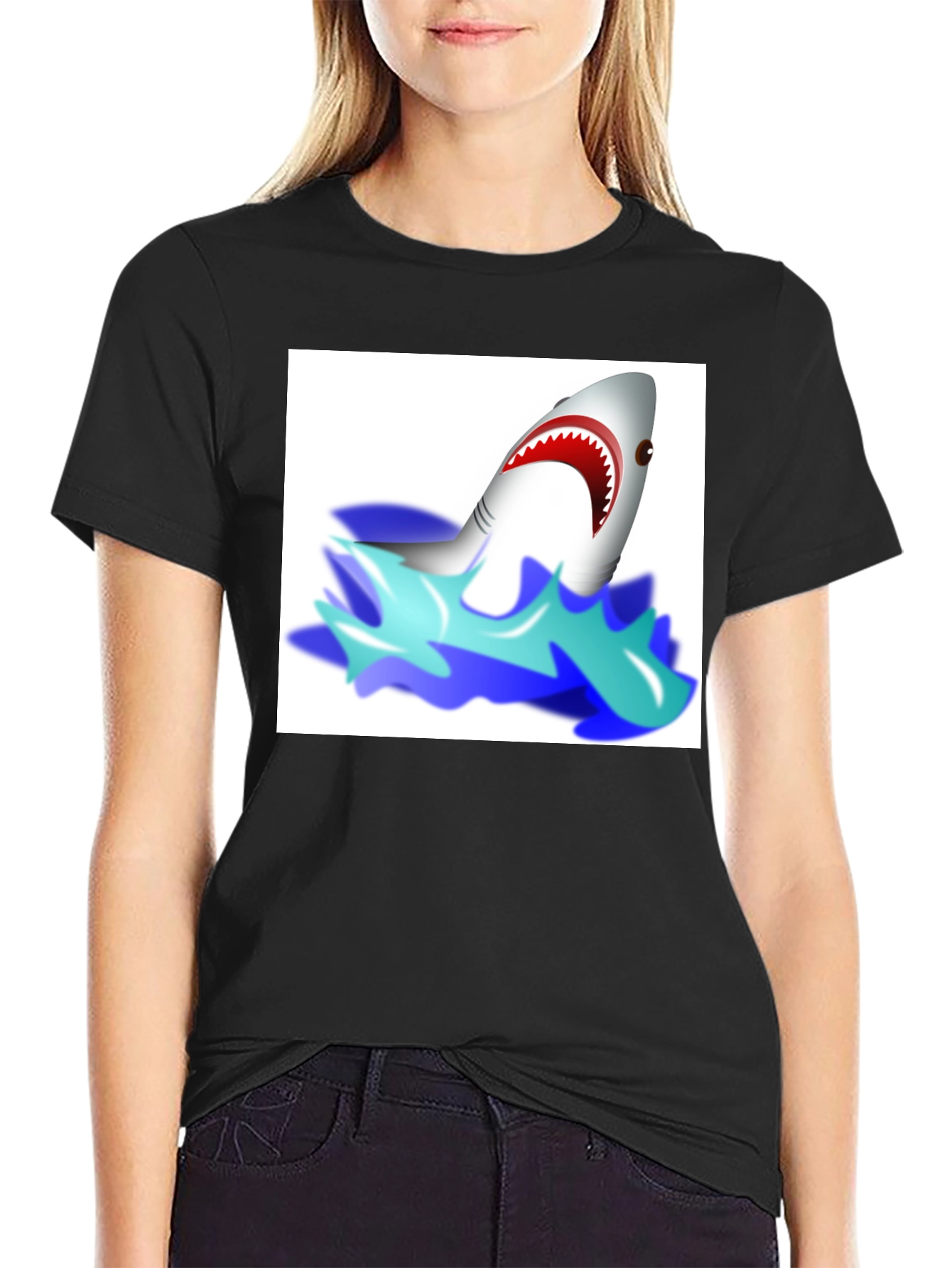 Cartoon Shark Graphic Tee - Black Cotton T-Shirt