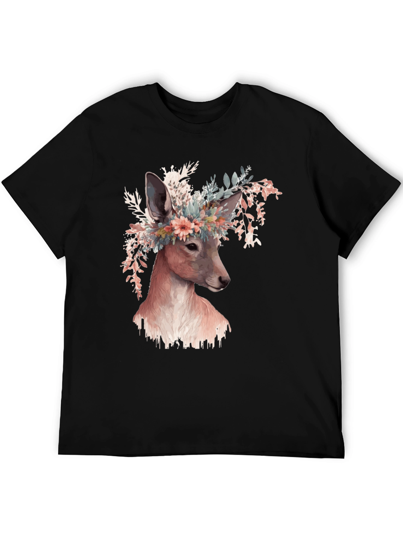 Floral Deer Graphic Tee - Unisex Black T-Shirt