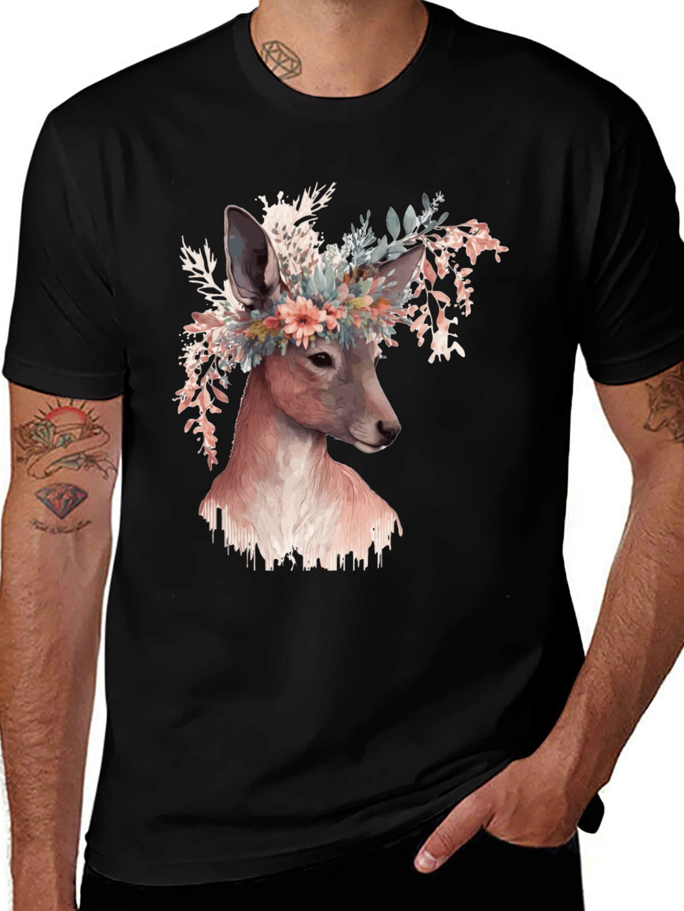Floral Deer Graphic Tee - Unisex Black T-Shirt