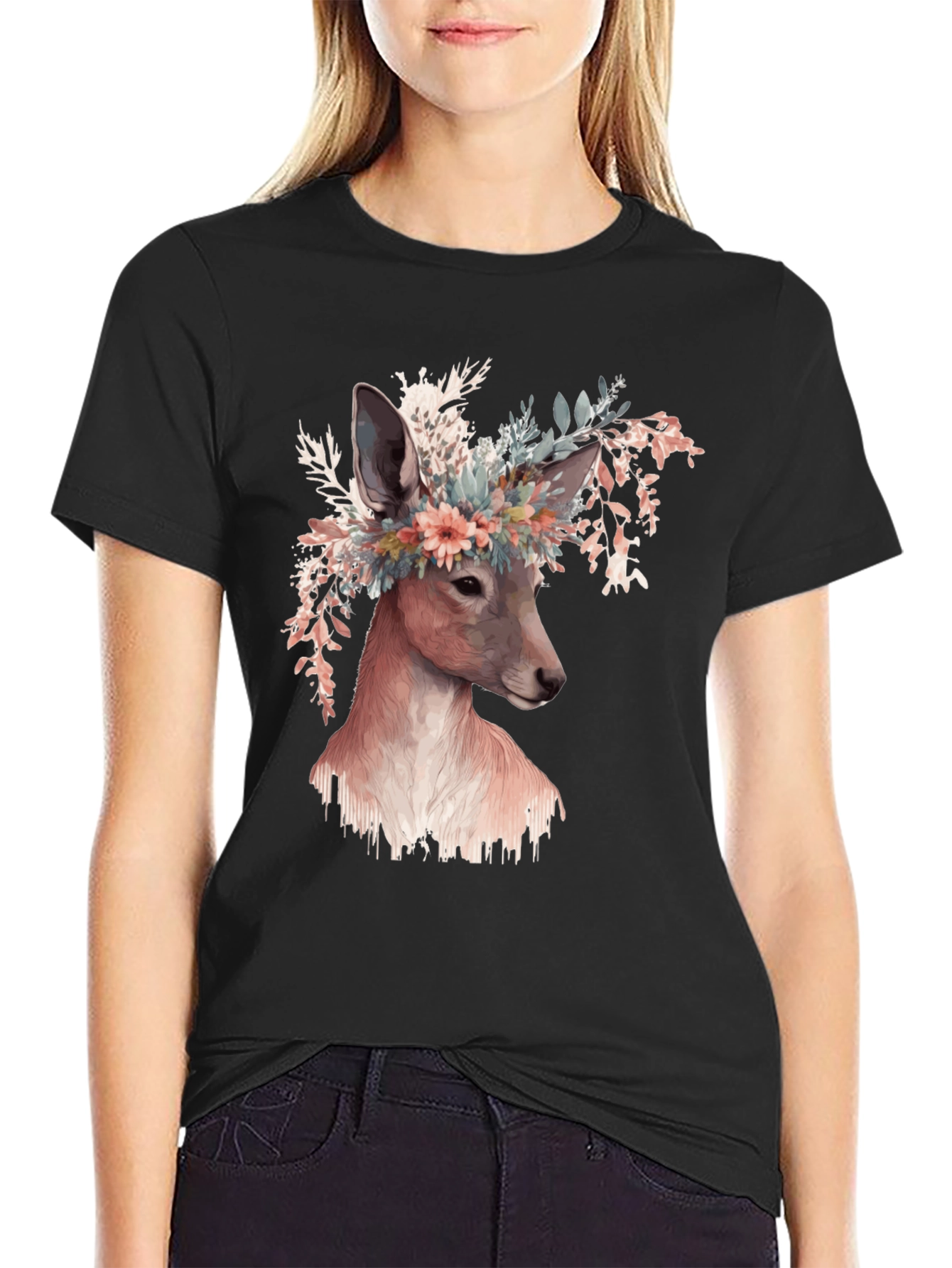 Floral Deer Graphic Tee - Unisex Black T-Shirt