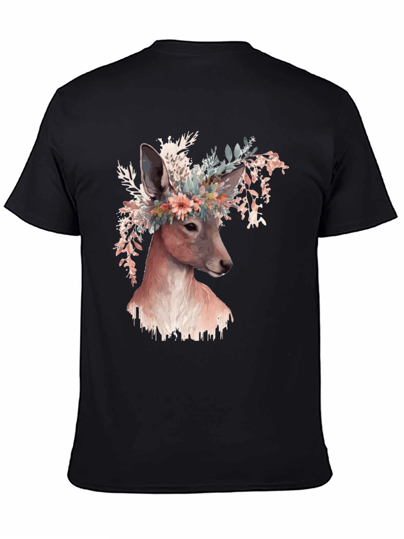 Floral Deer Graphic Tee - Unisex Black T-Shirt
