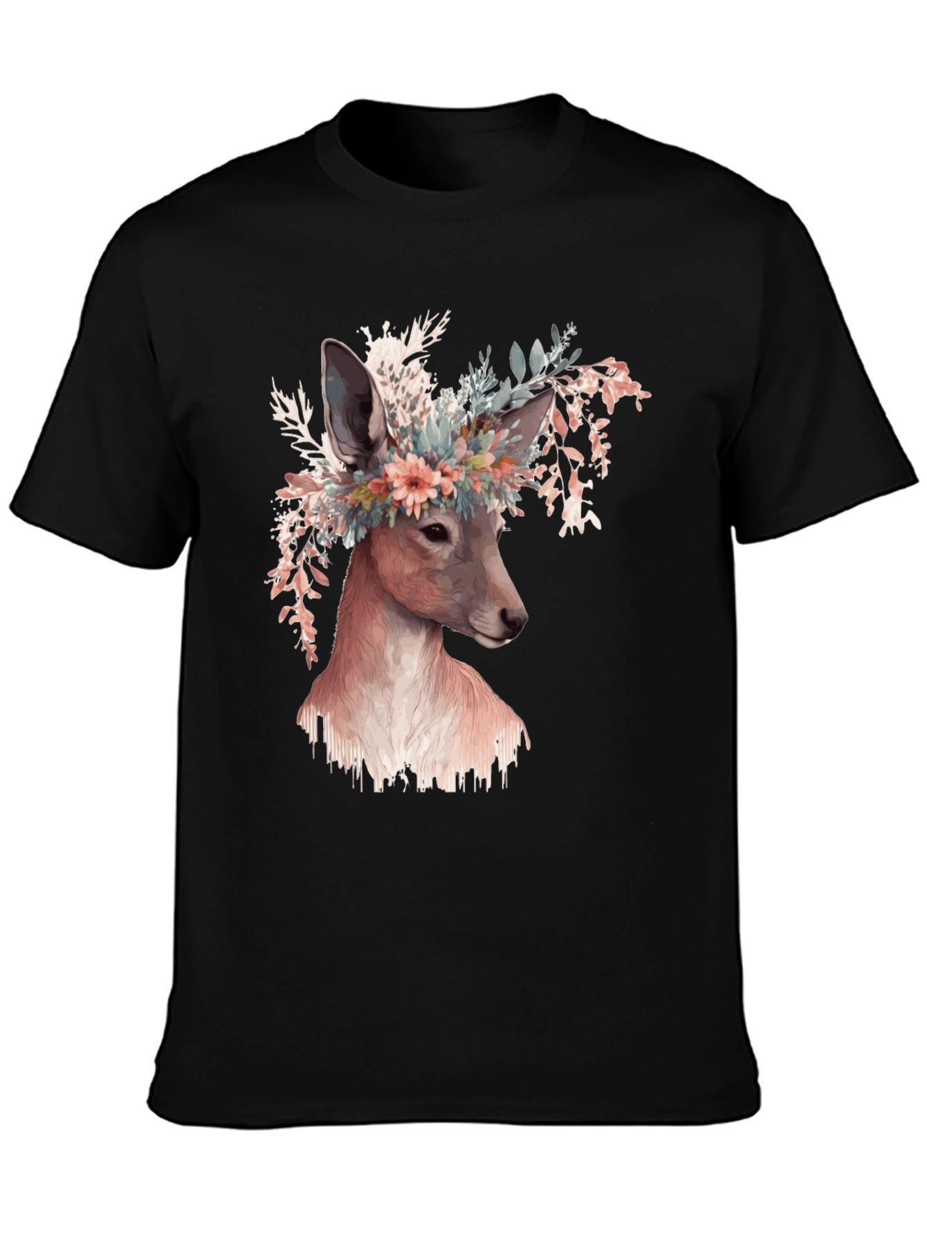 Floral Deer Graphic Tee - Unisex Black T-Shirt