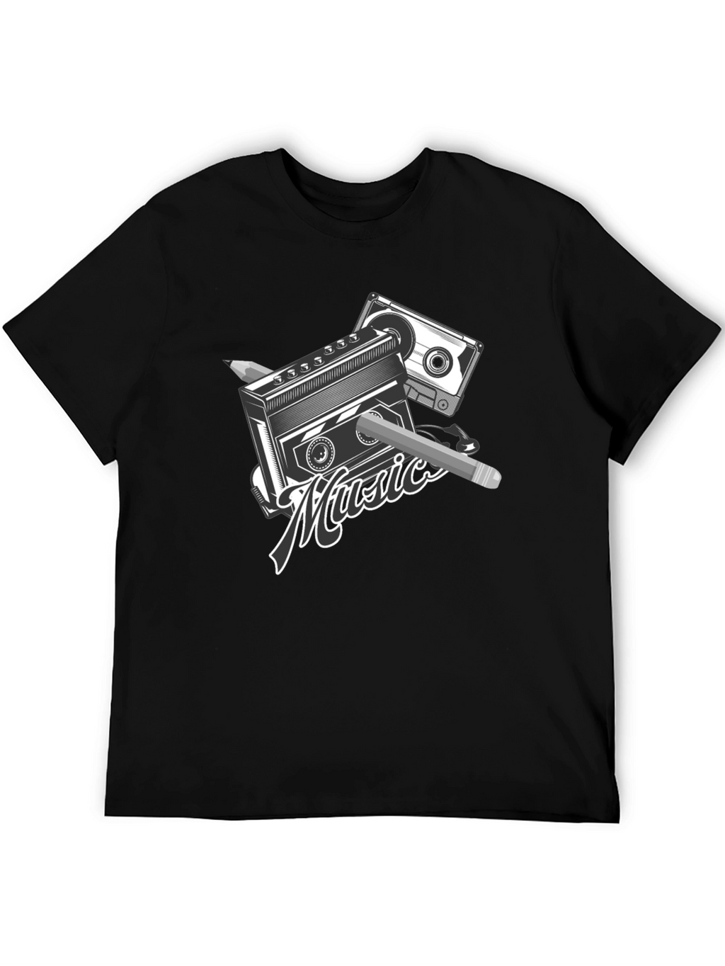 Retro Music T-Shirt - Cassette & Pencil Design