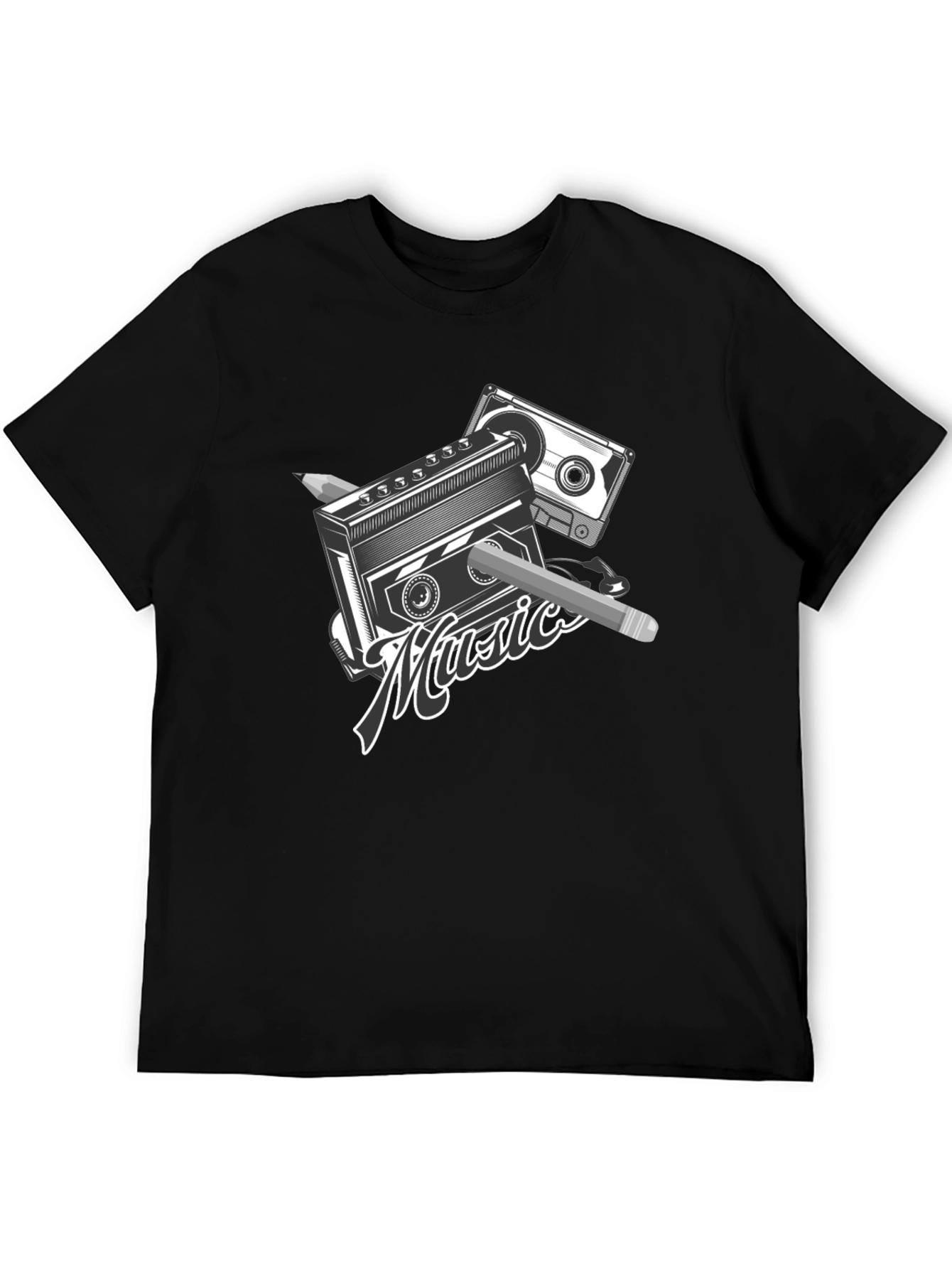 Retro Music T-Shirt - Cassette & Pencil Design