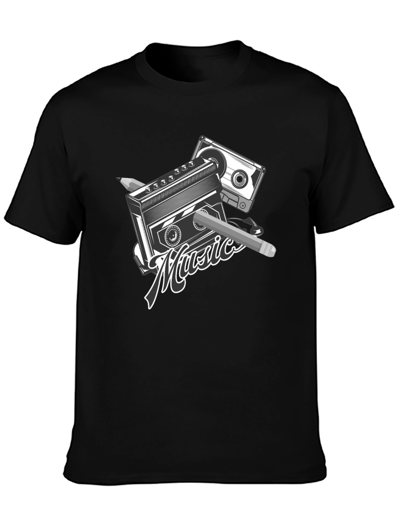 Retro Music T-Shirt - Cassette & Pencil Design