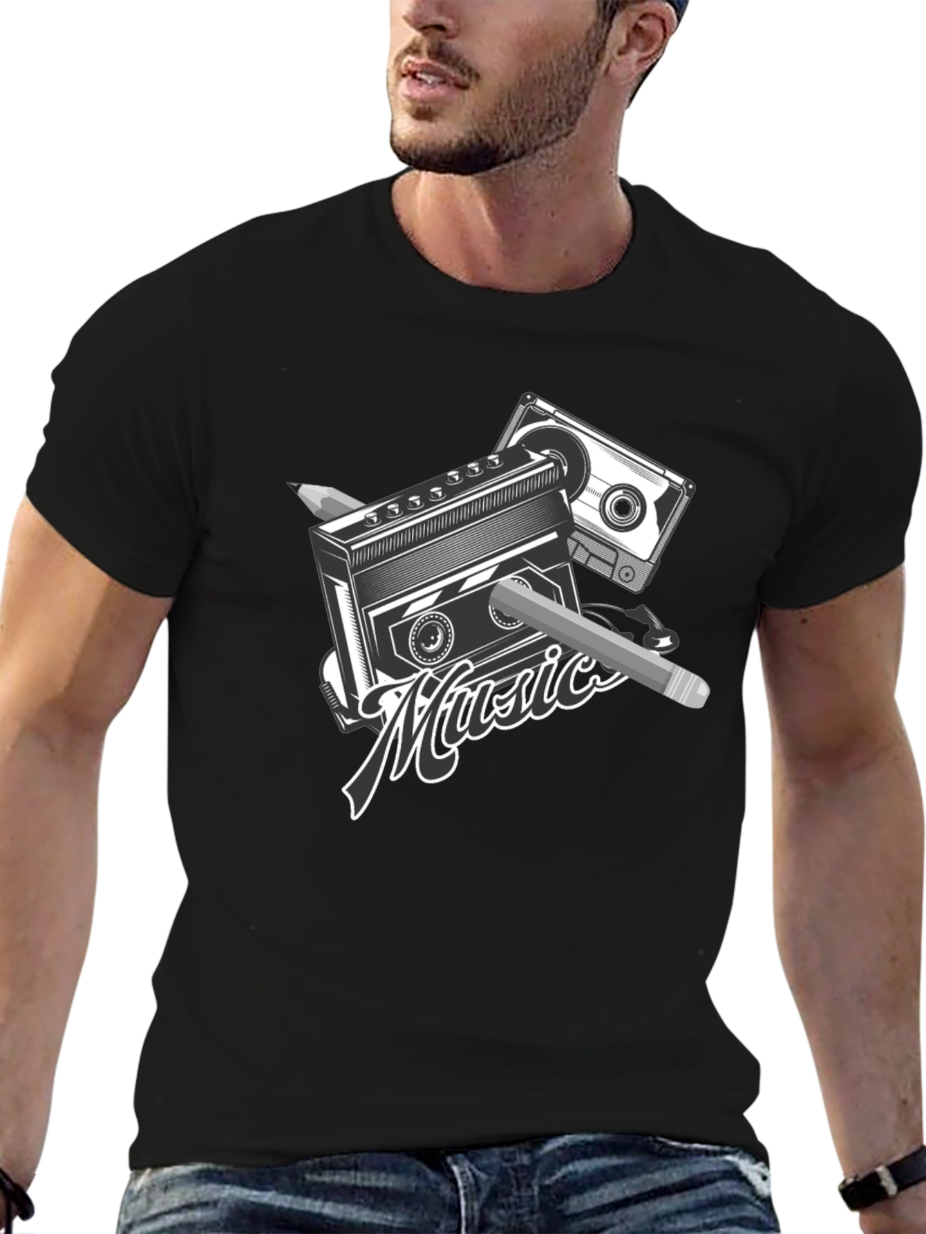 Retro Music T-Shirt - Cassette & Pencil Design